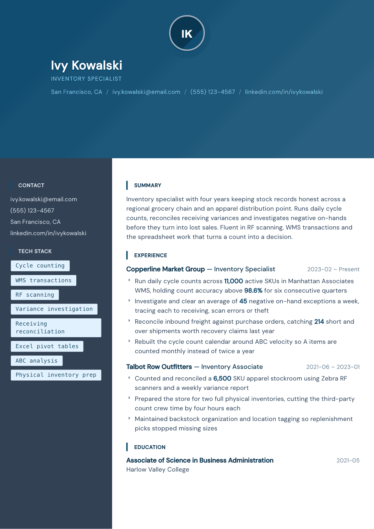 Inventory Specialist resume example, Prism template