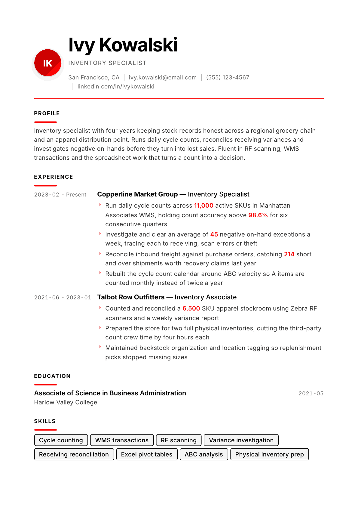 Inventory Specialist resume example, Swiss Modernist template