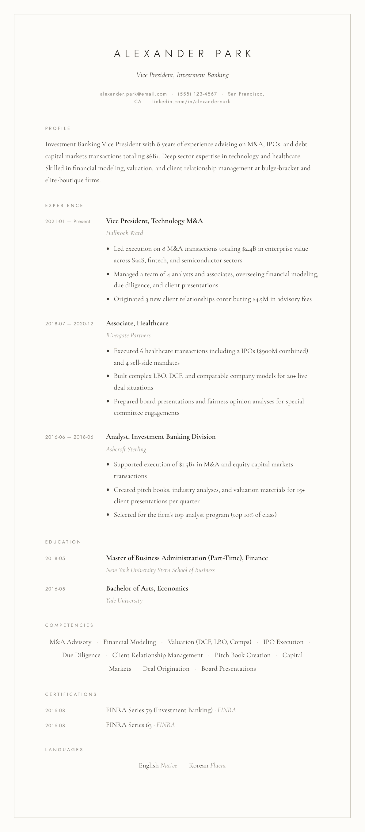 Investment Banker resume example, Vellum template