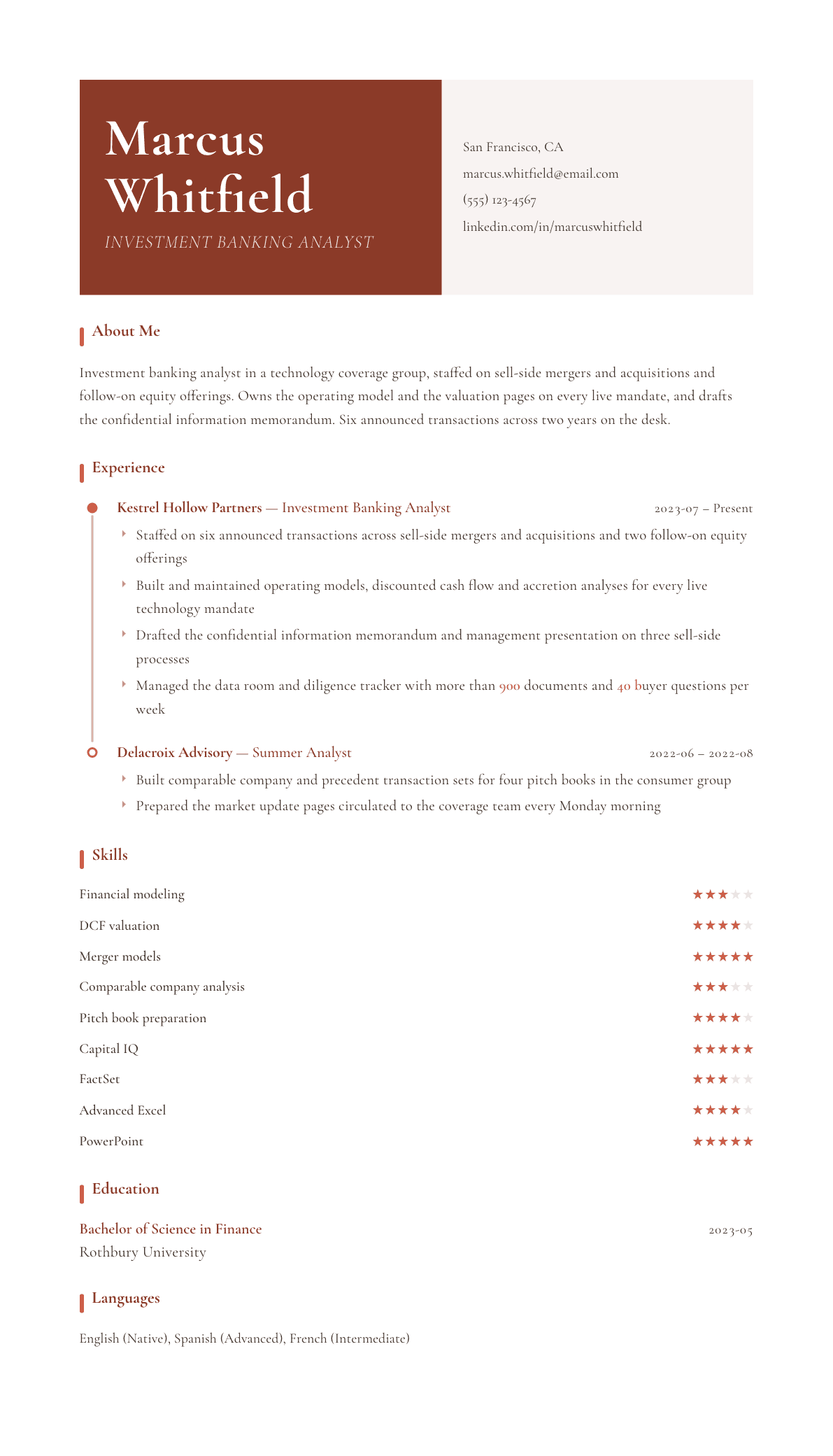 Investment Banking Analyst resume example, Artisan template