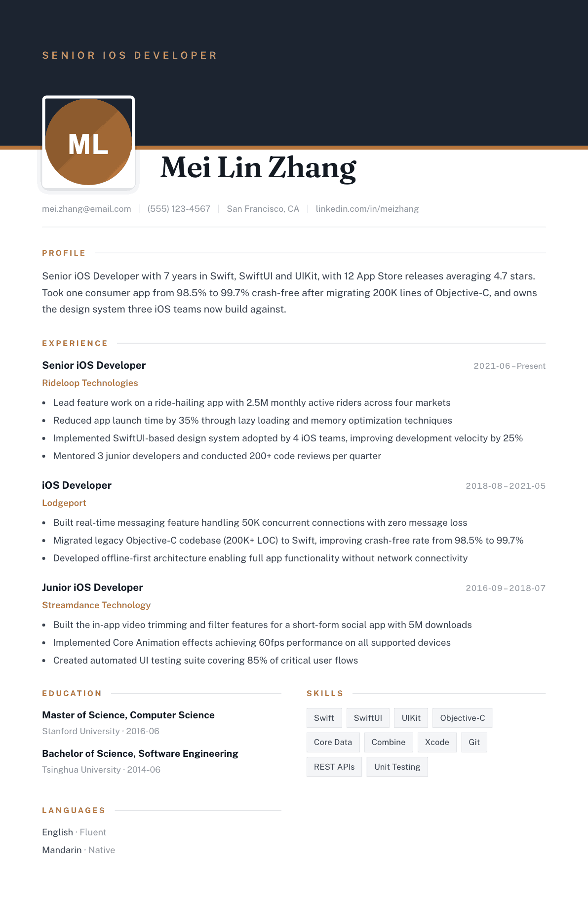 iOS Developer resume example, Atrium template
