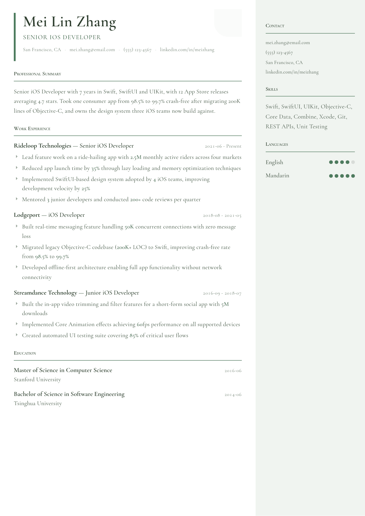 iOS Developer resume example, Copenhagen template