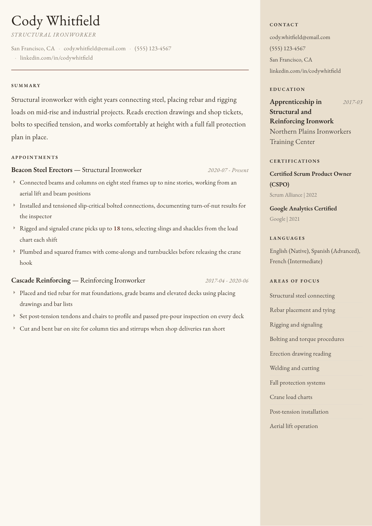 Ironworker resume example, Manuscript template