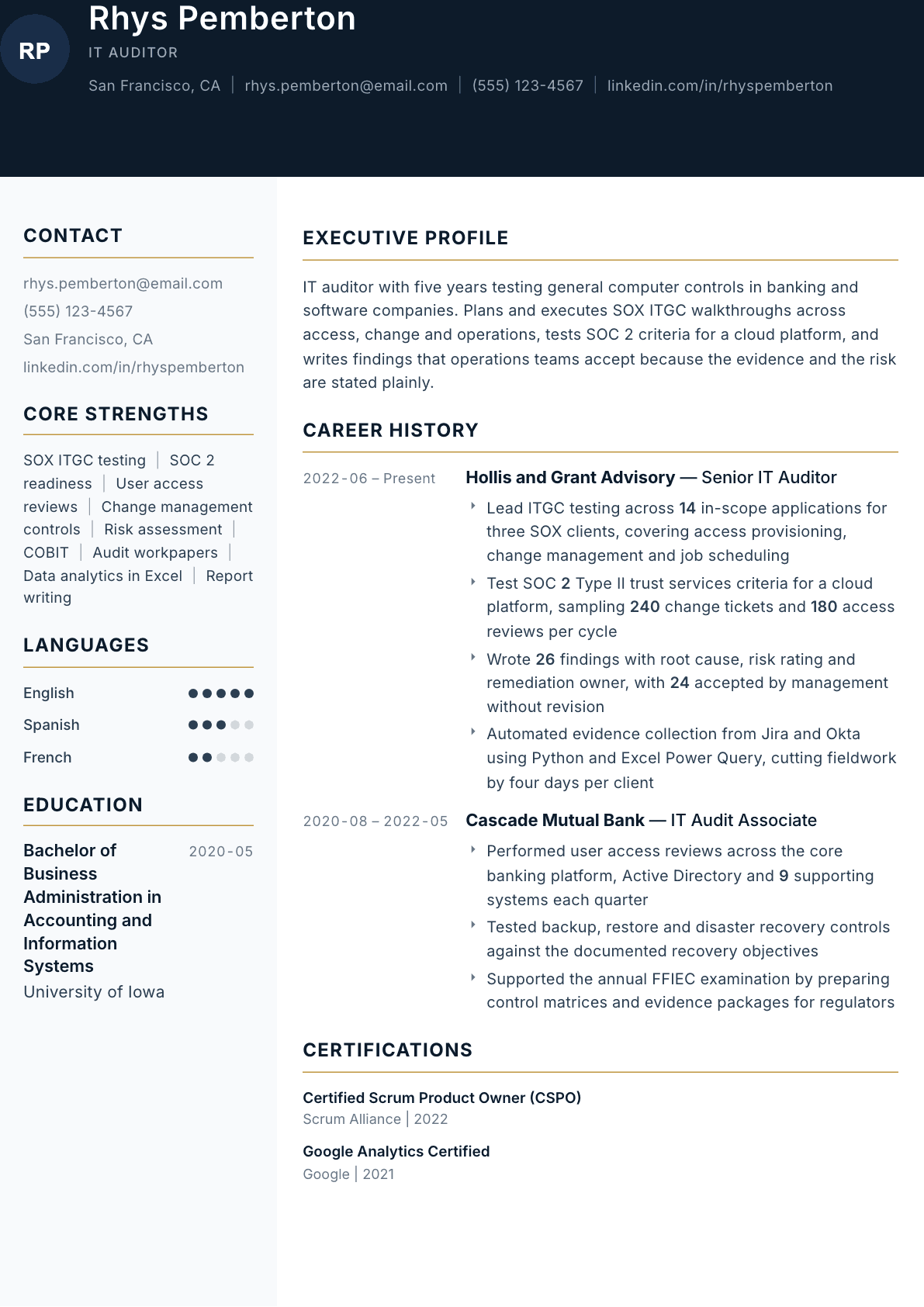 IT Auditor resume example, Consulate template