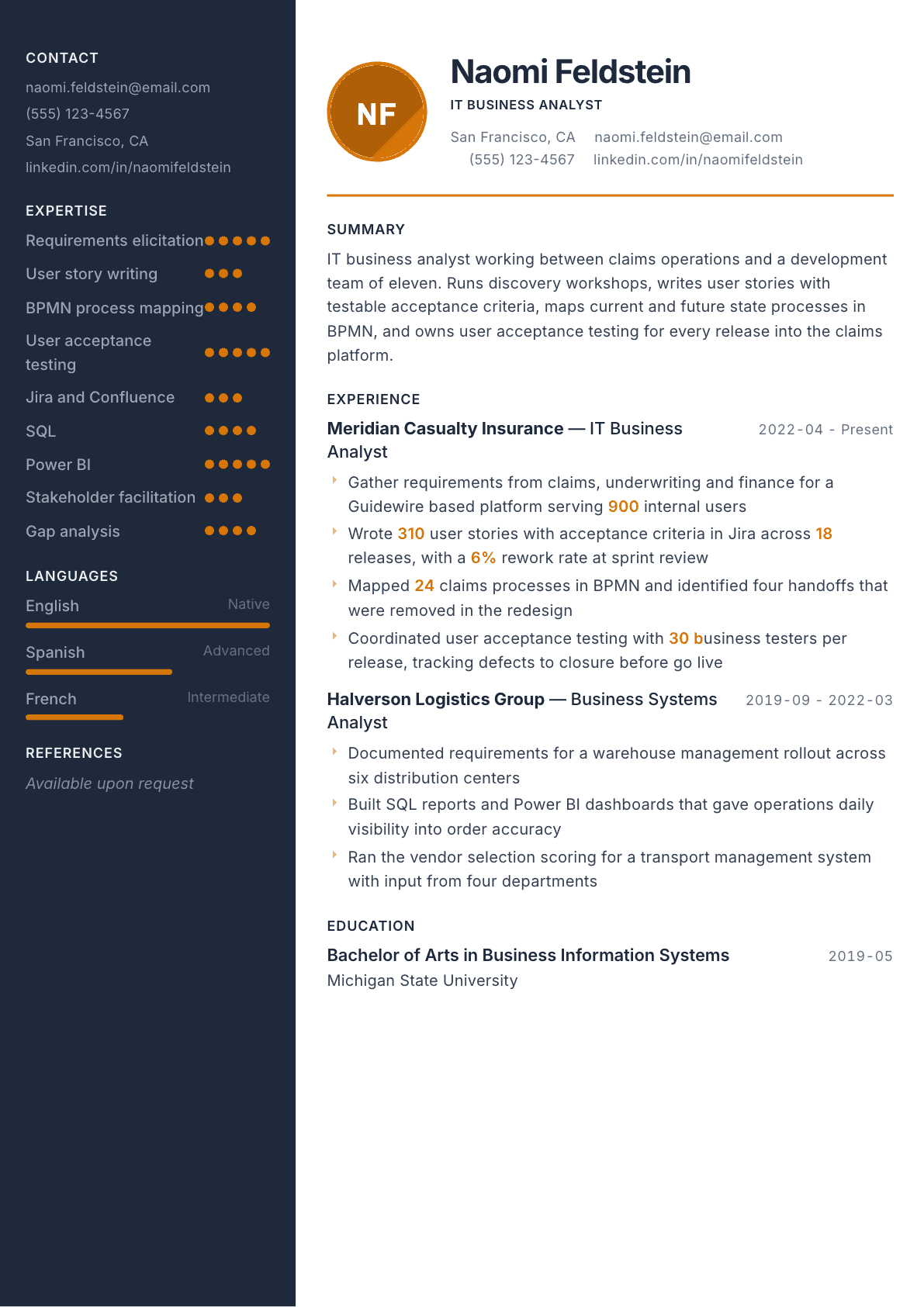 IT Business Analyst resume example, Copper & Slate template