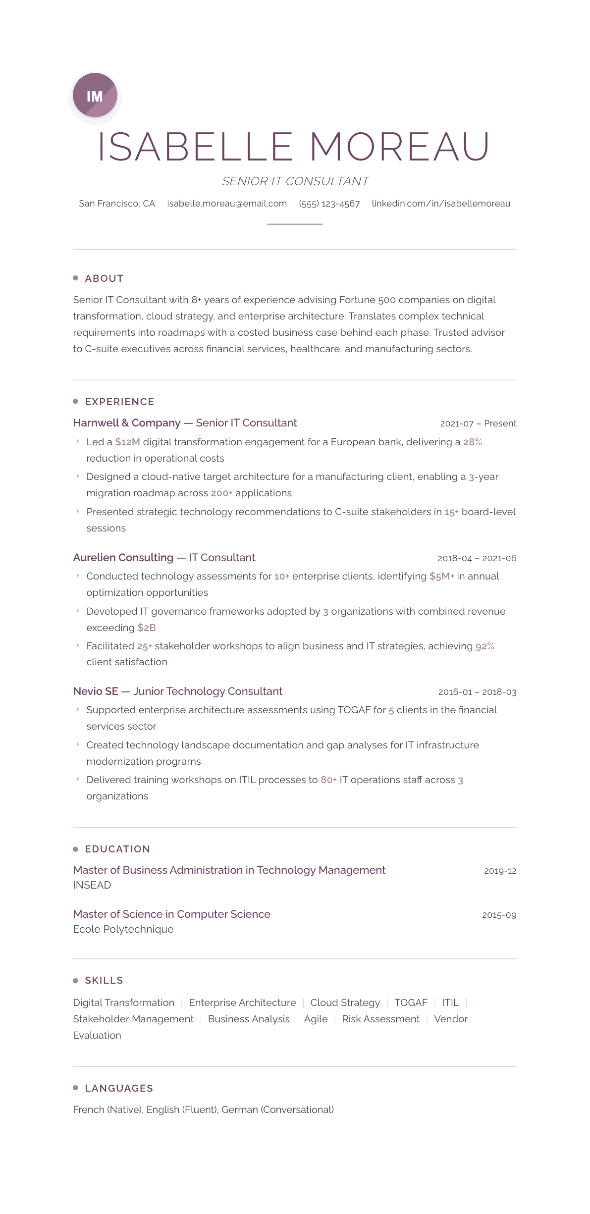 IT Consultant resume example, Serenity template