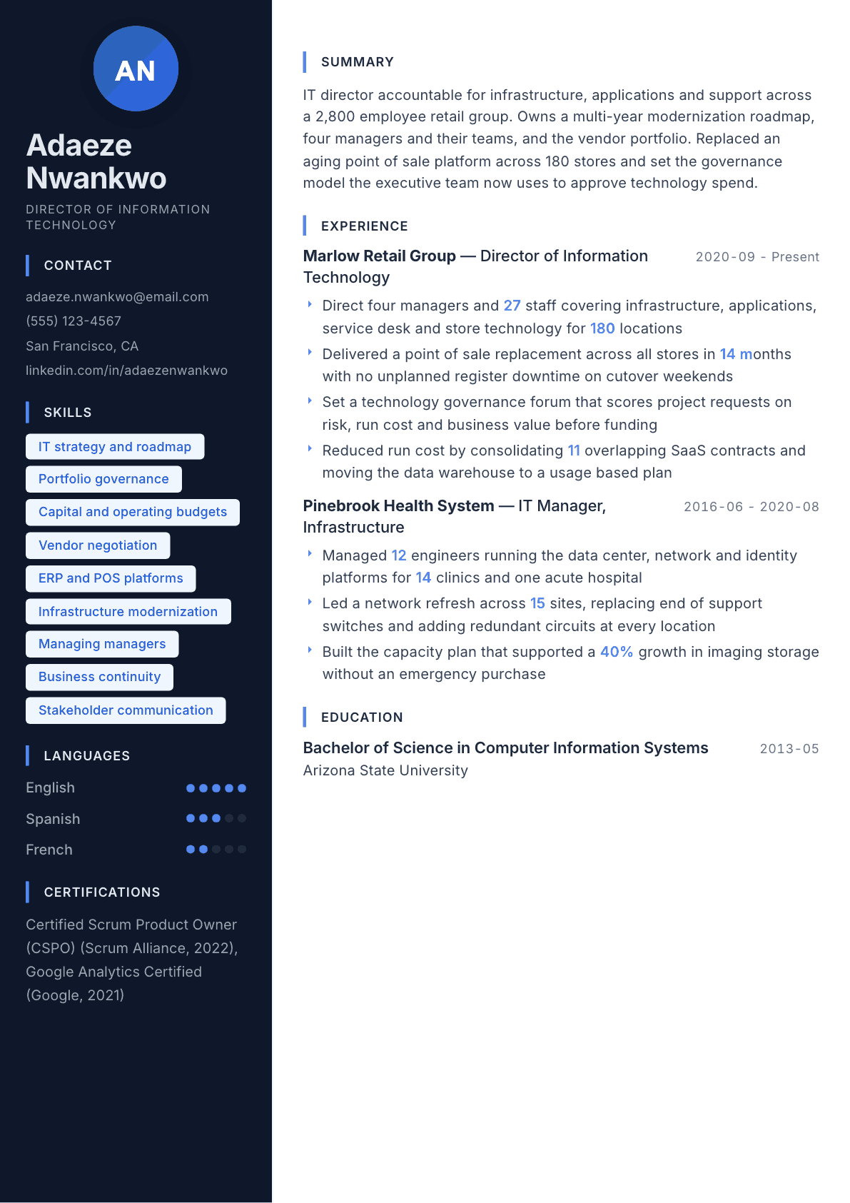 IT Director resume example, Midnight Sapphire template