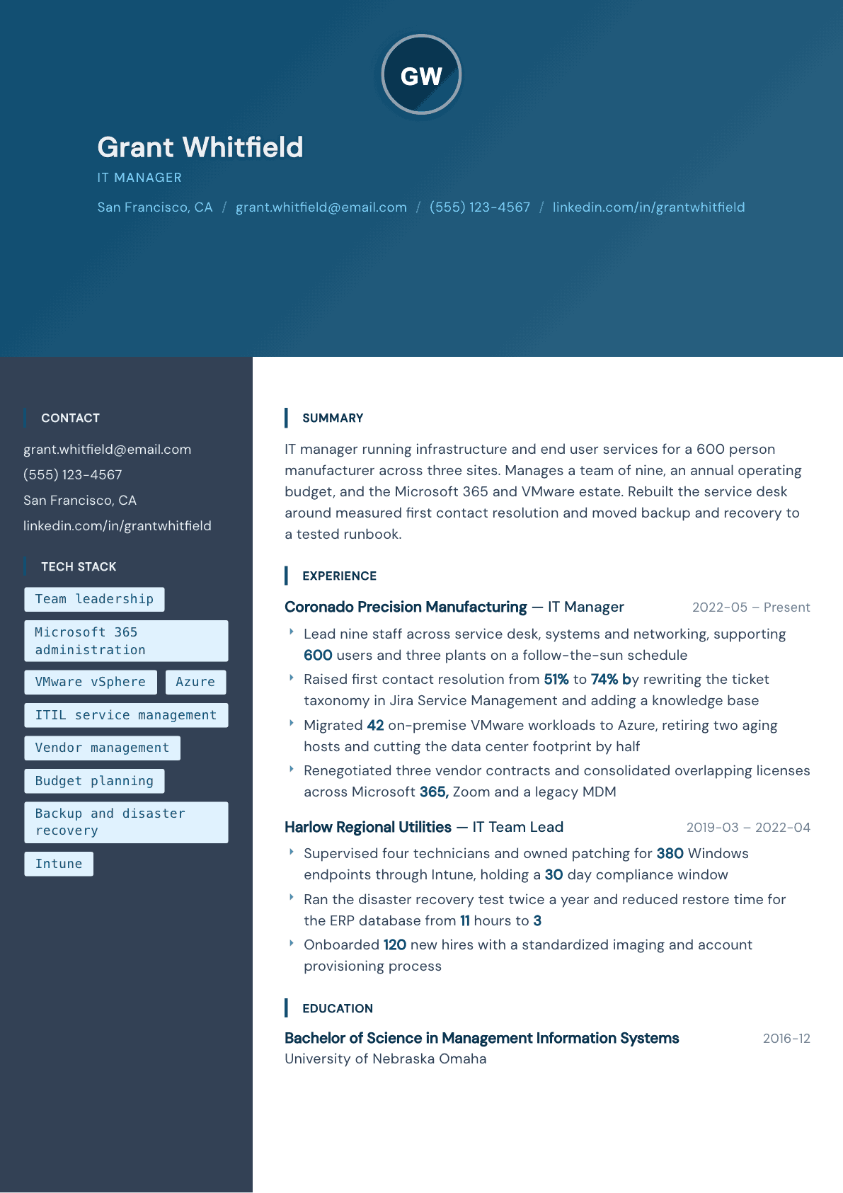 IT Manager resume example, Prism template