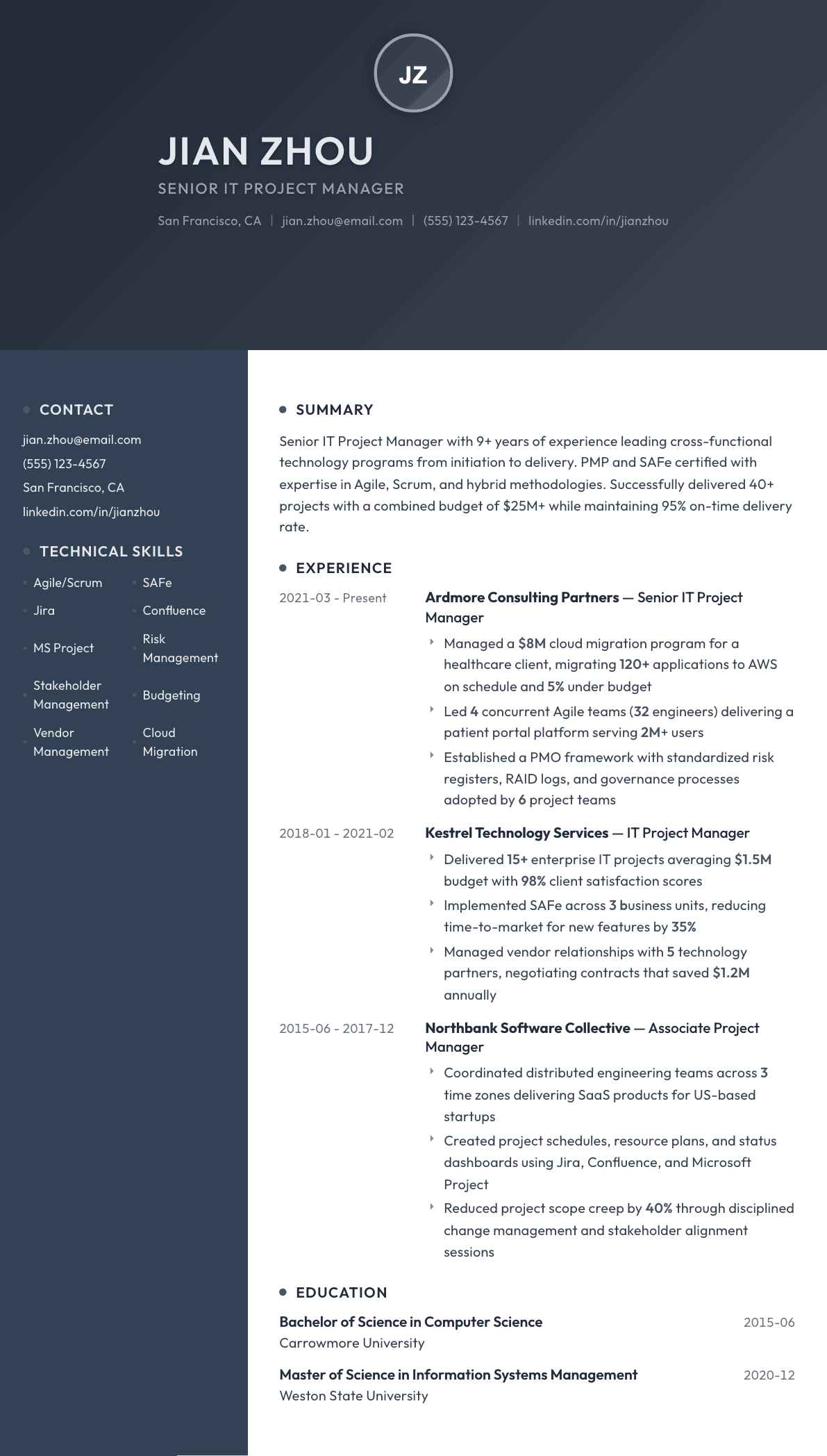 IT Project Manager resume example, Binary template