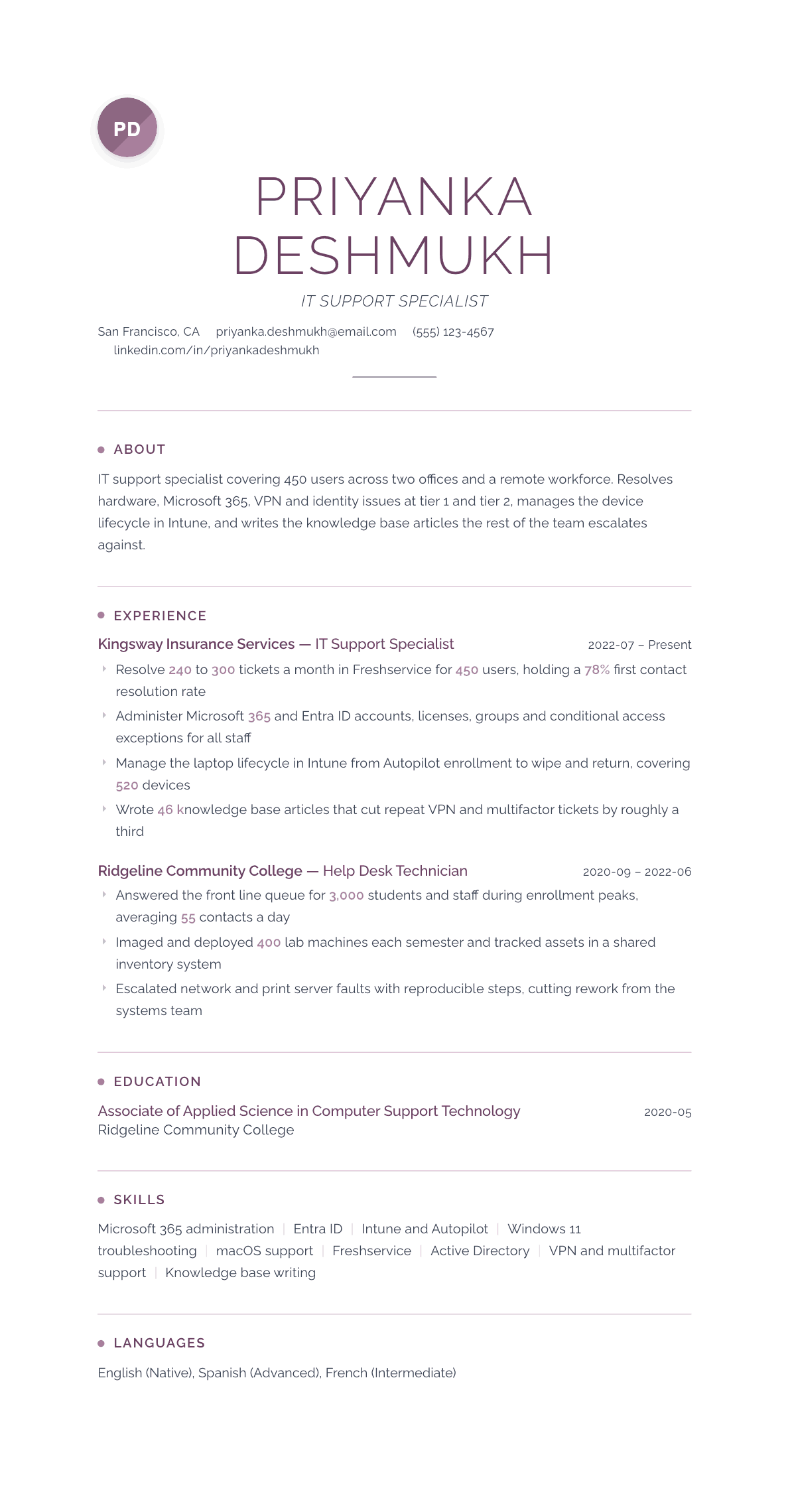 IT Support Specialist resume example, Serenity template
