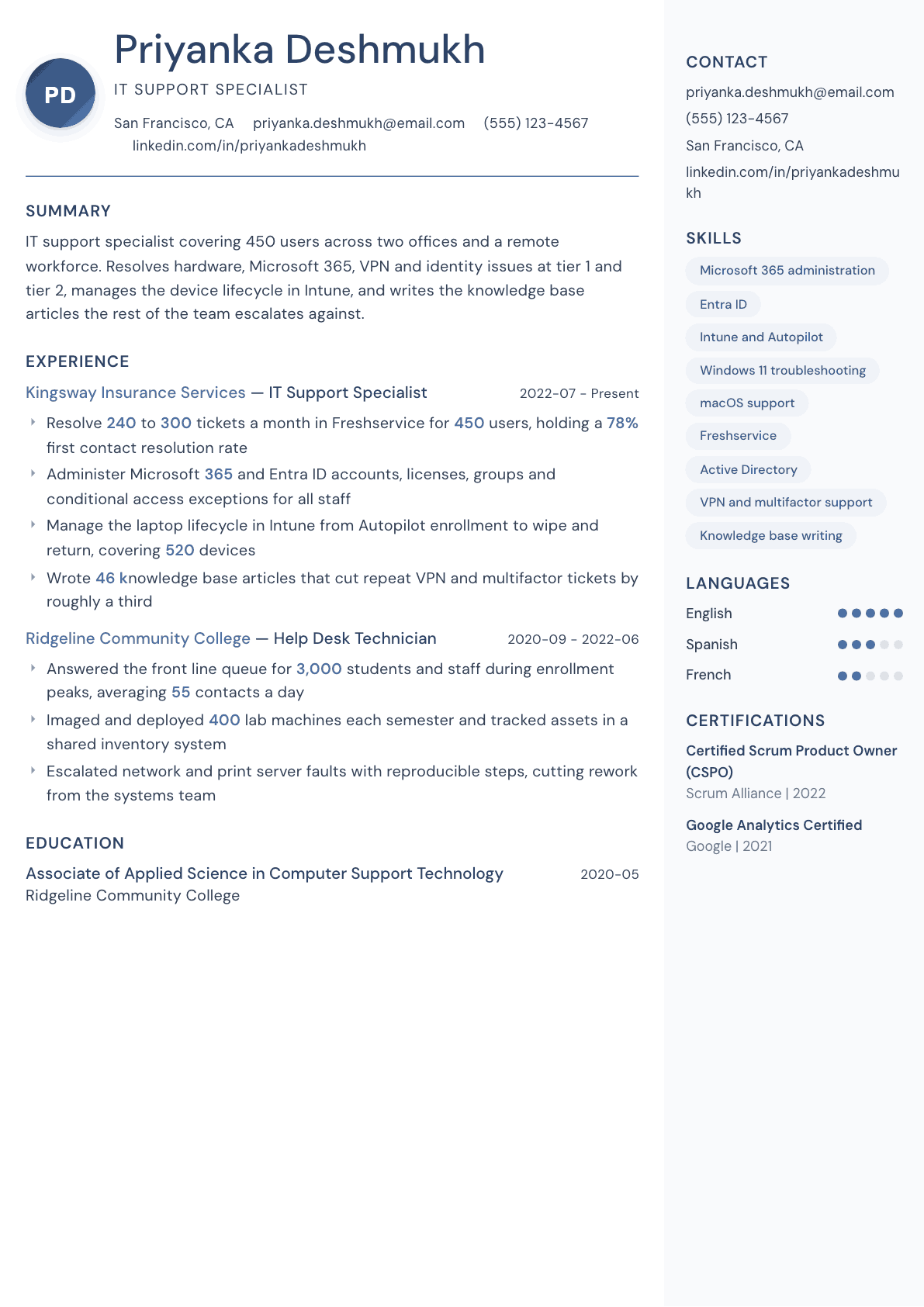 IT Support Specialist resume example, Kernel template