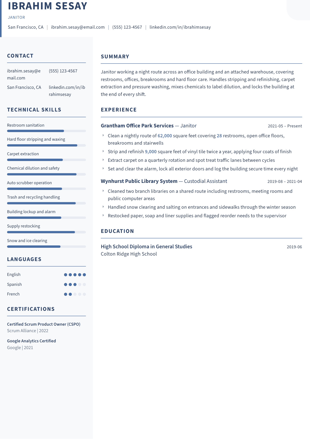 Janitor resume example, Summit template