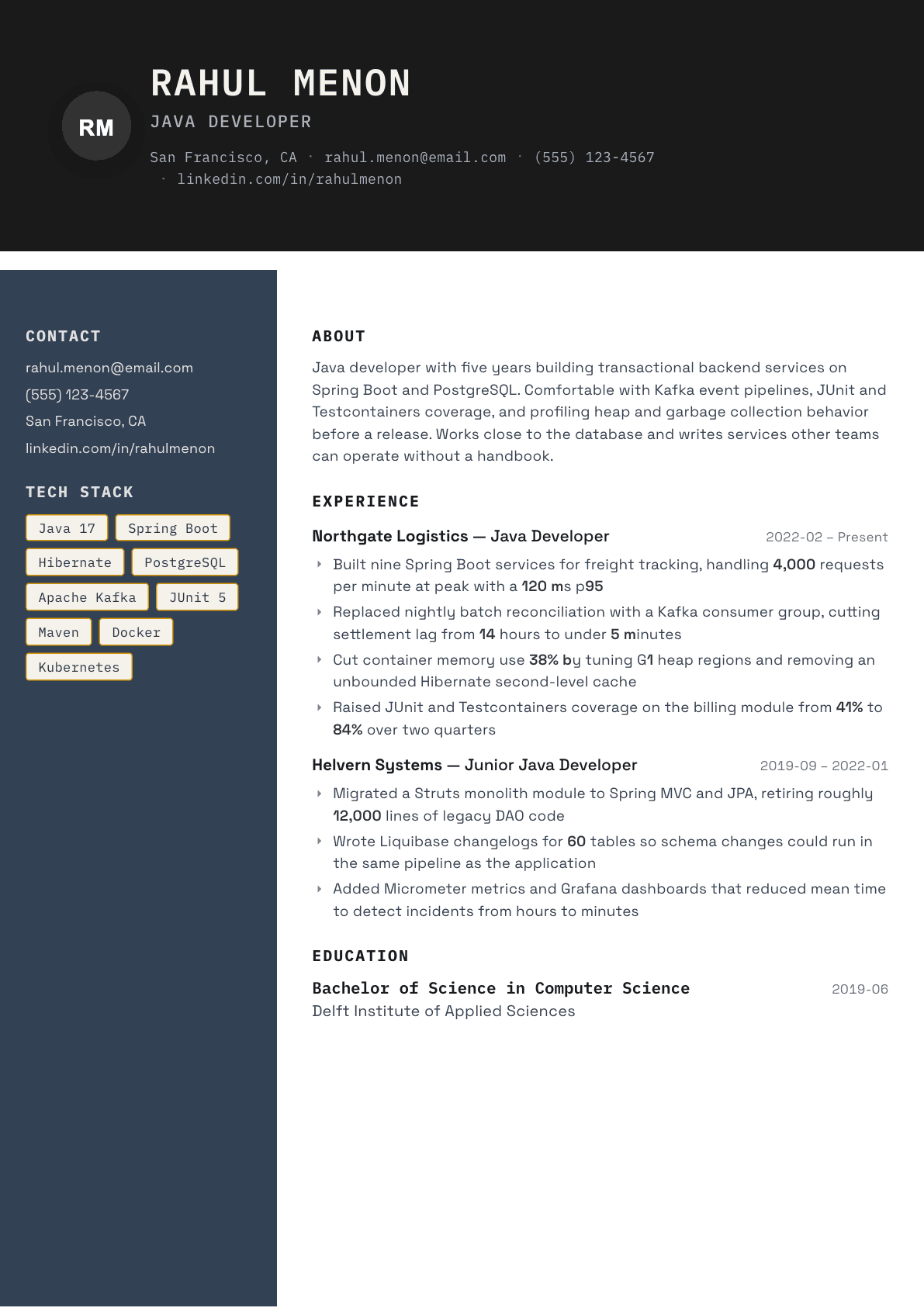 Java Developer resume example, Codebase template