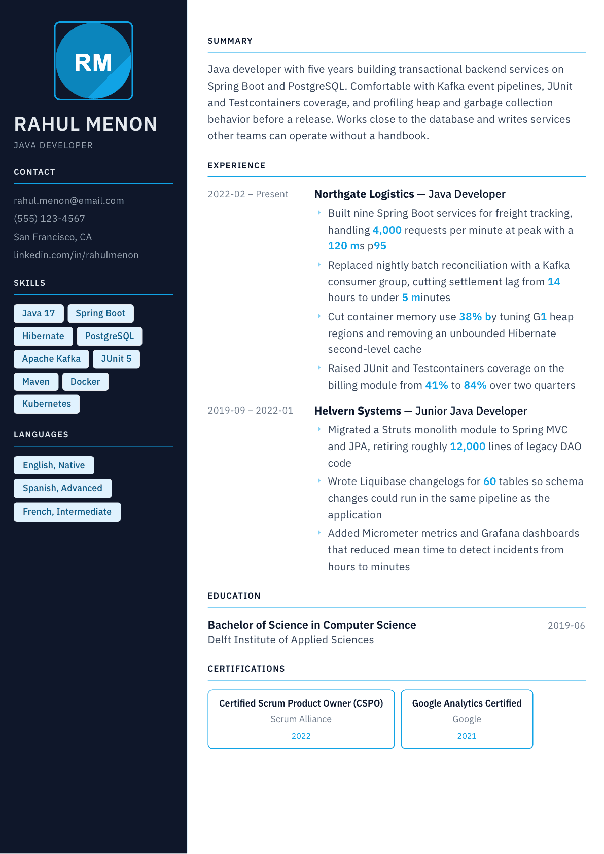 Java Developer resume example, Everest template