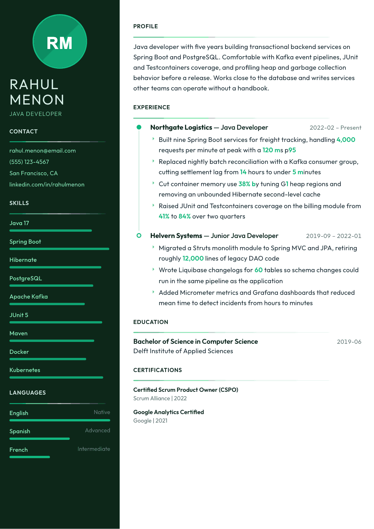 Java Developer resume example, Meridian template