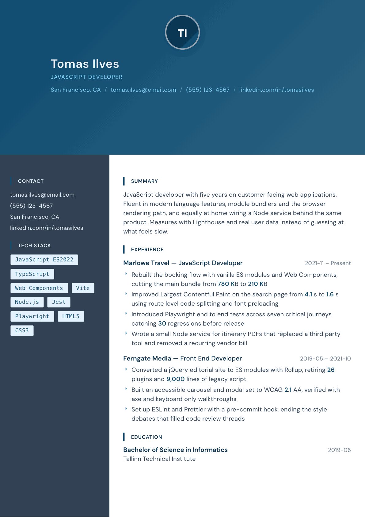 JavaScript Developer resume example, Prism template