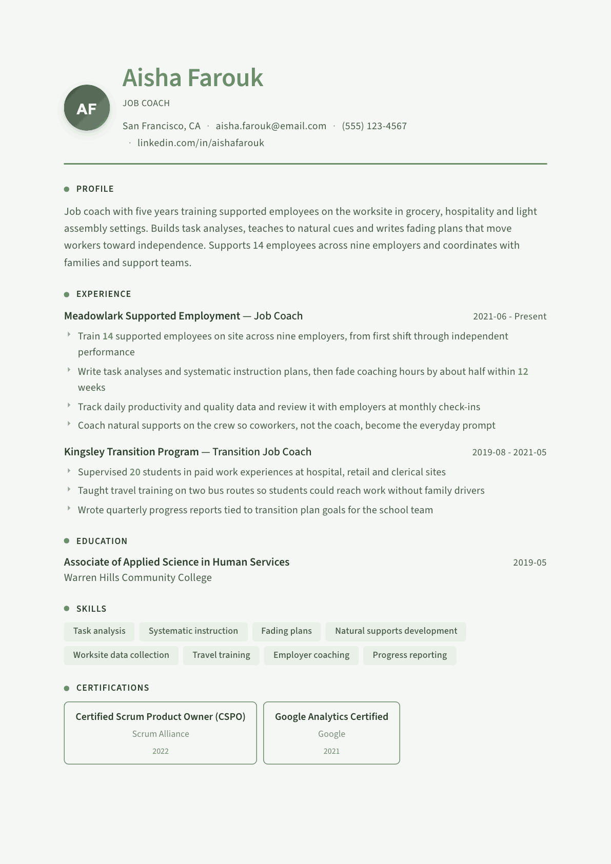 Job Coach resume example, Sage Garden template