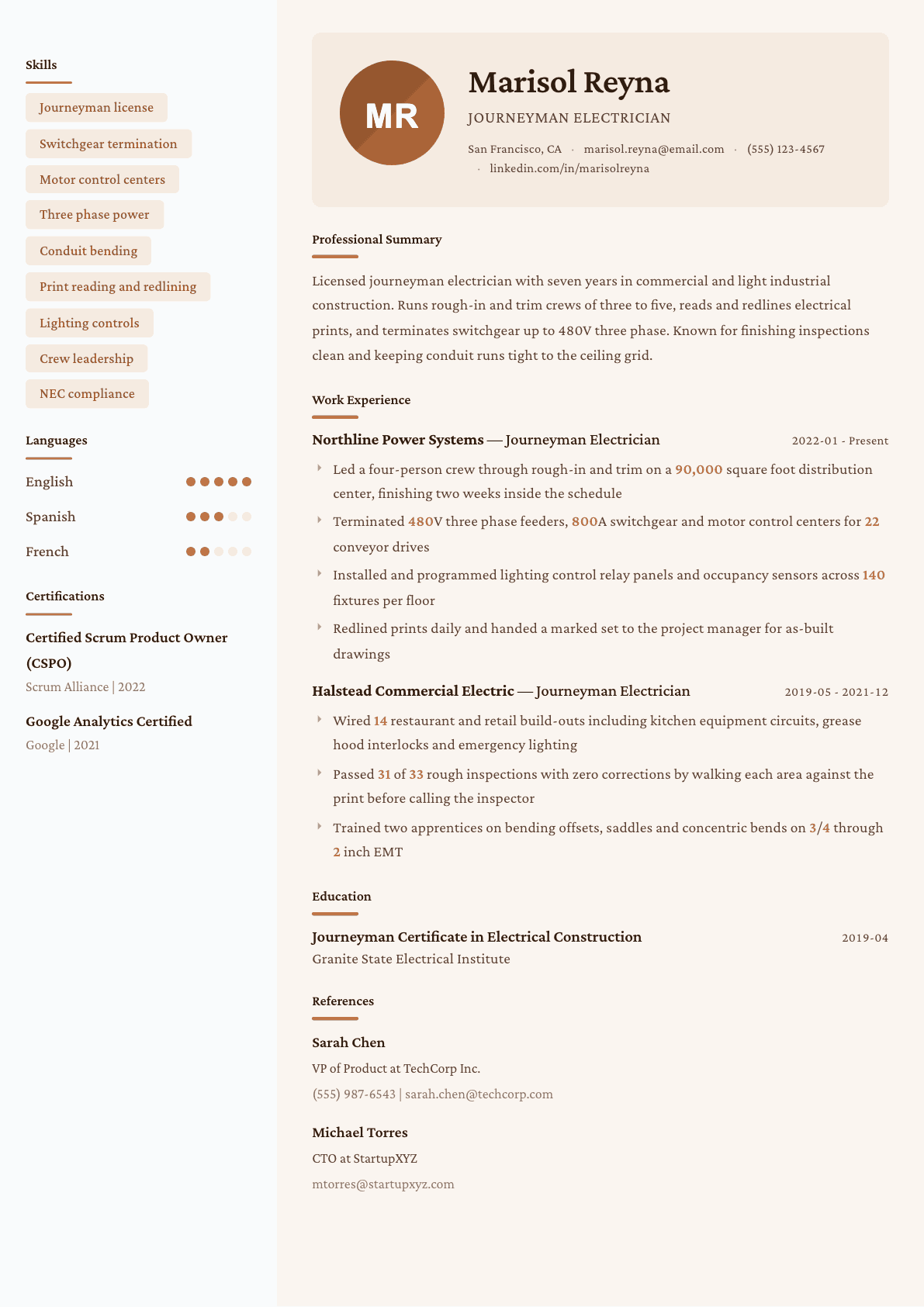 Journeyman Electrician resume example, Lisbon template