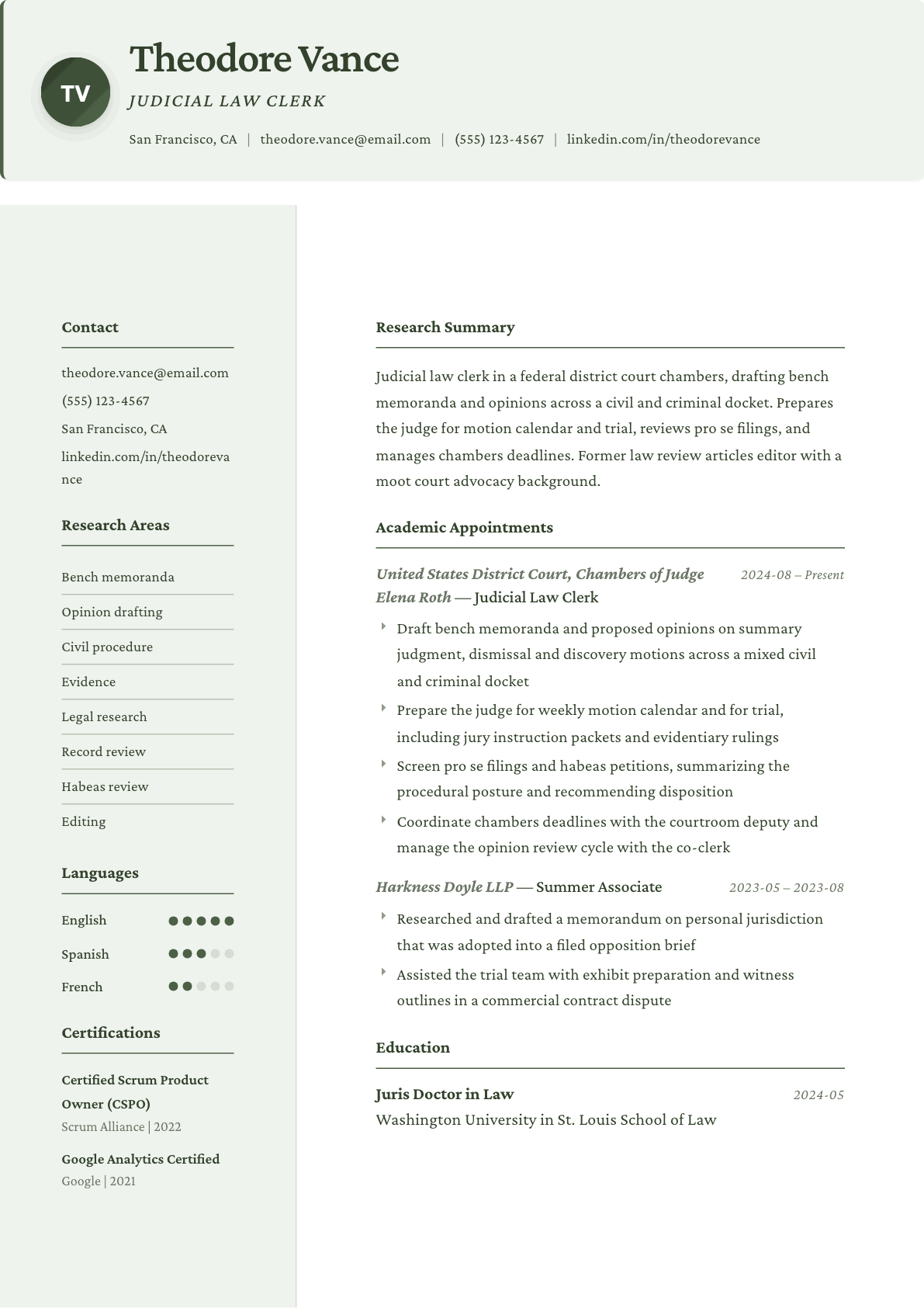 Judicial Clerk resume example, Research template