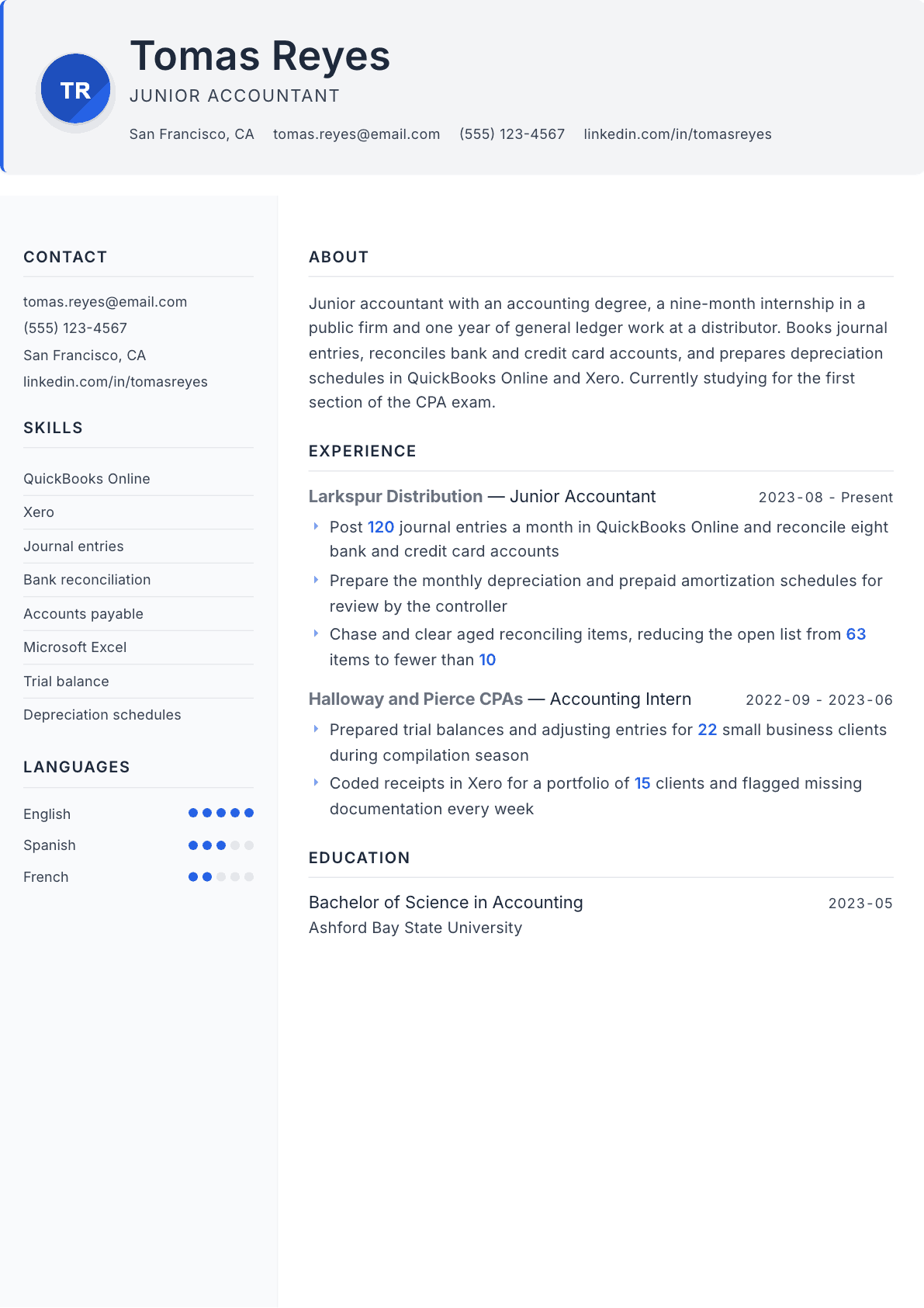 Junior Accountant resume example, Paper template