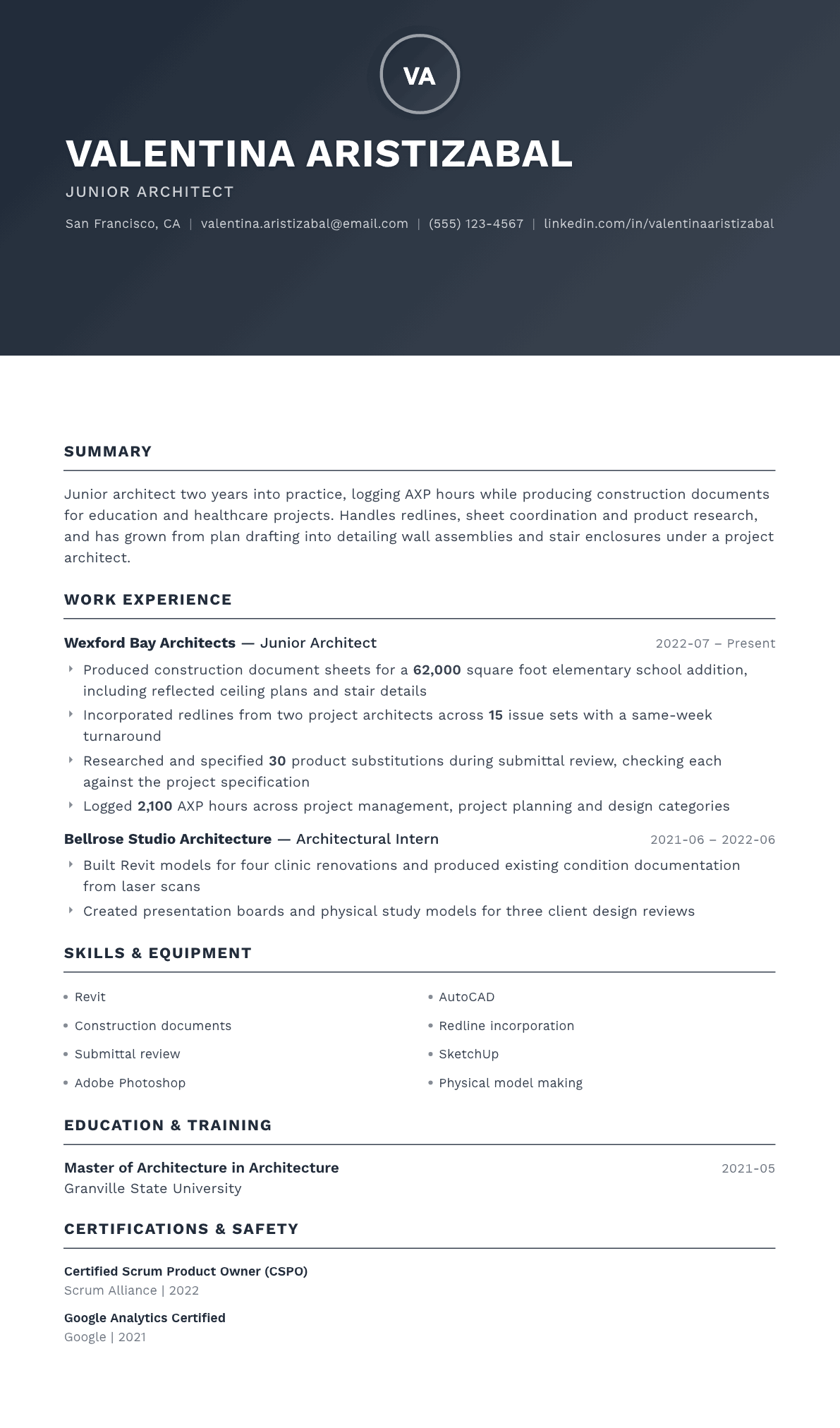 Junior Architect resume example, Foundation template