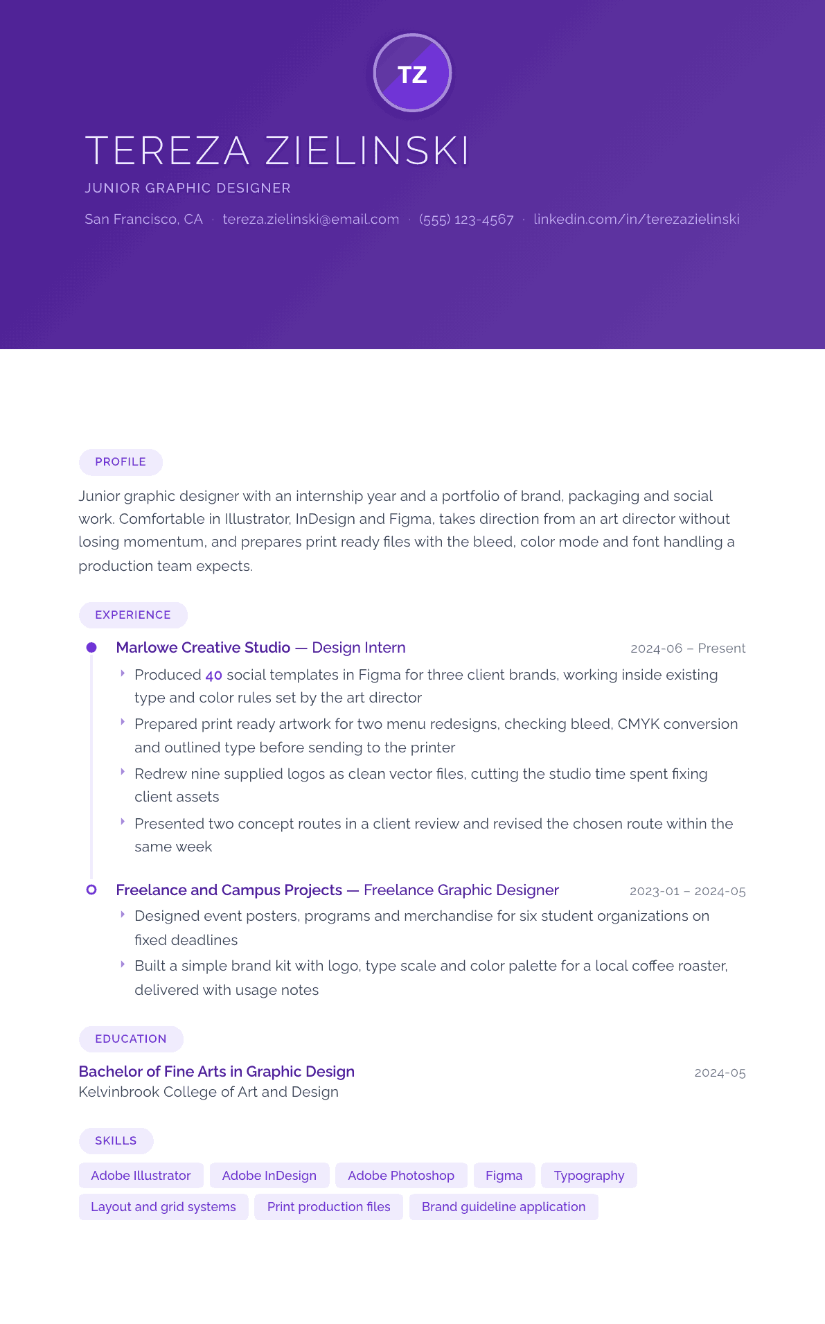 Junior Graphic Designer resume example, Canvas template