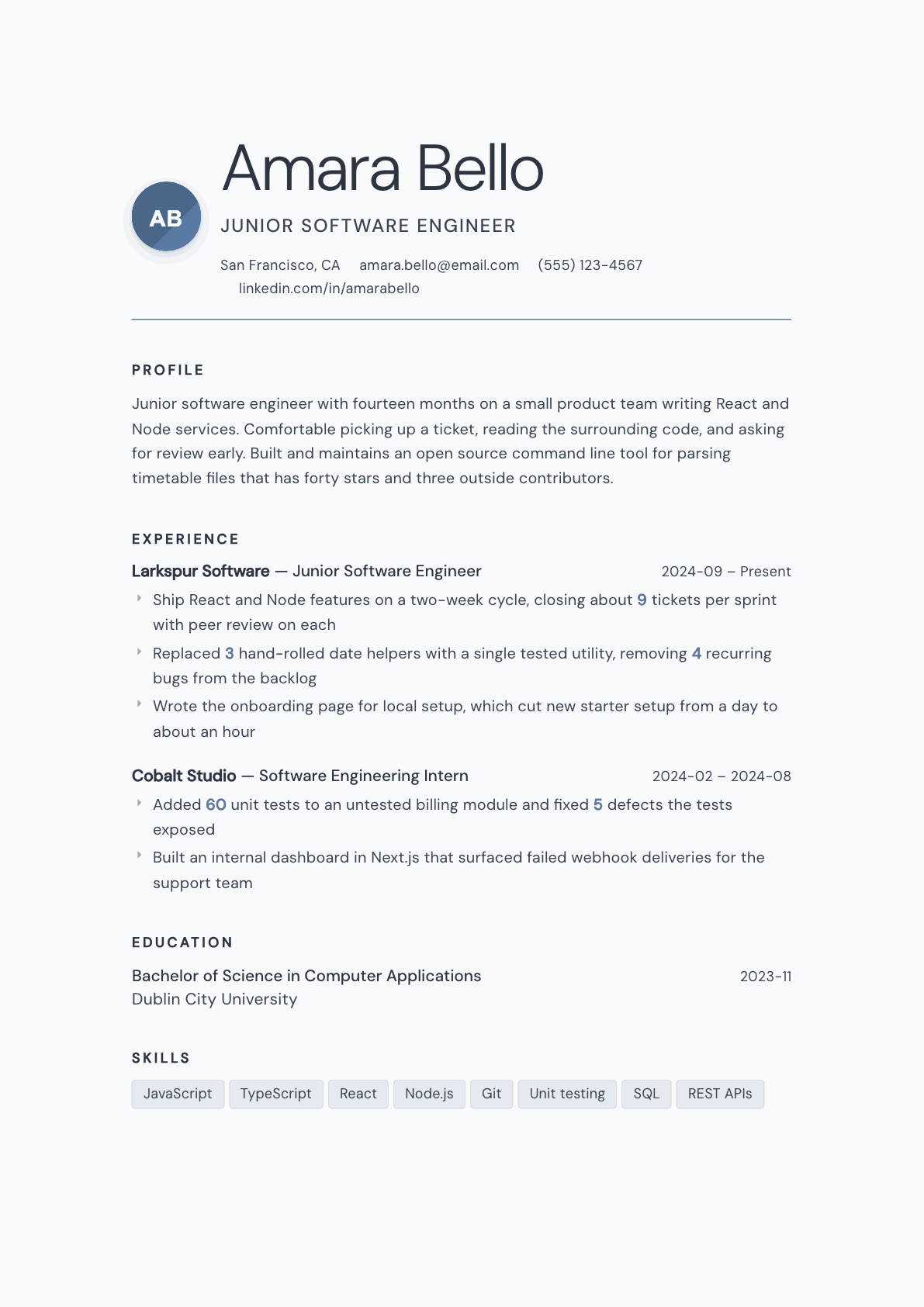 Junior Software Engineer resume example, Nordic template