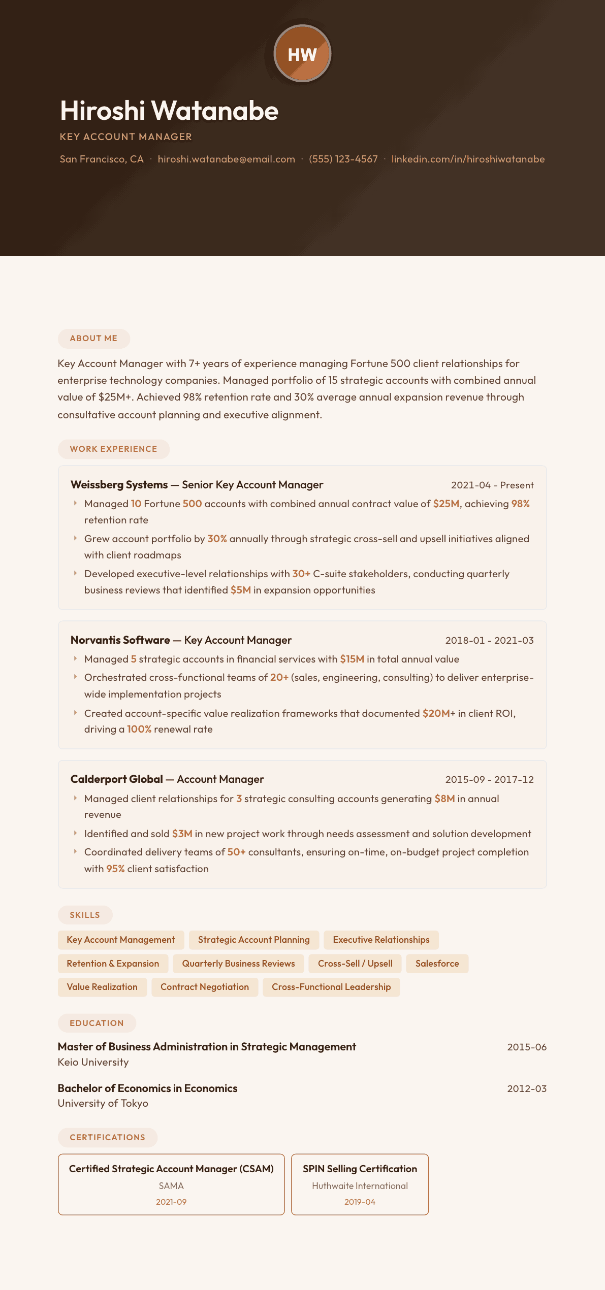 Key Account Manager resume example, Terracotta Studio template