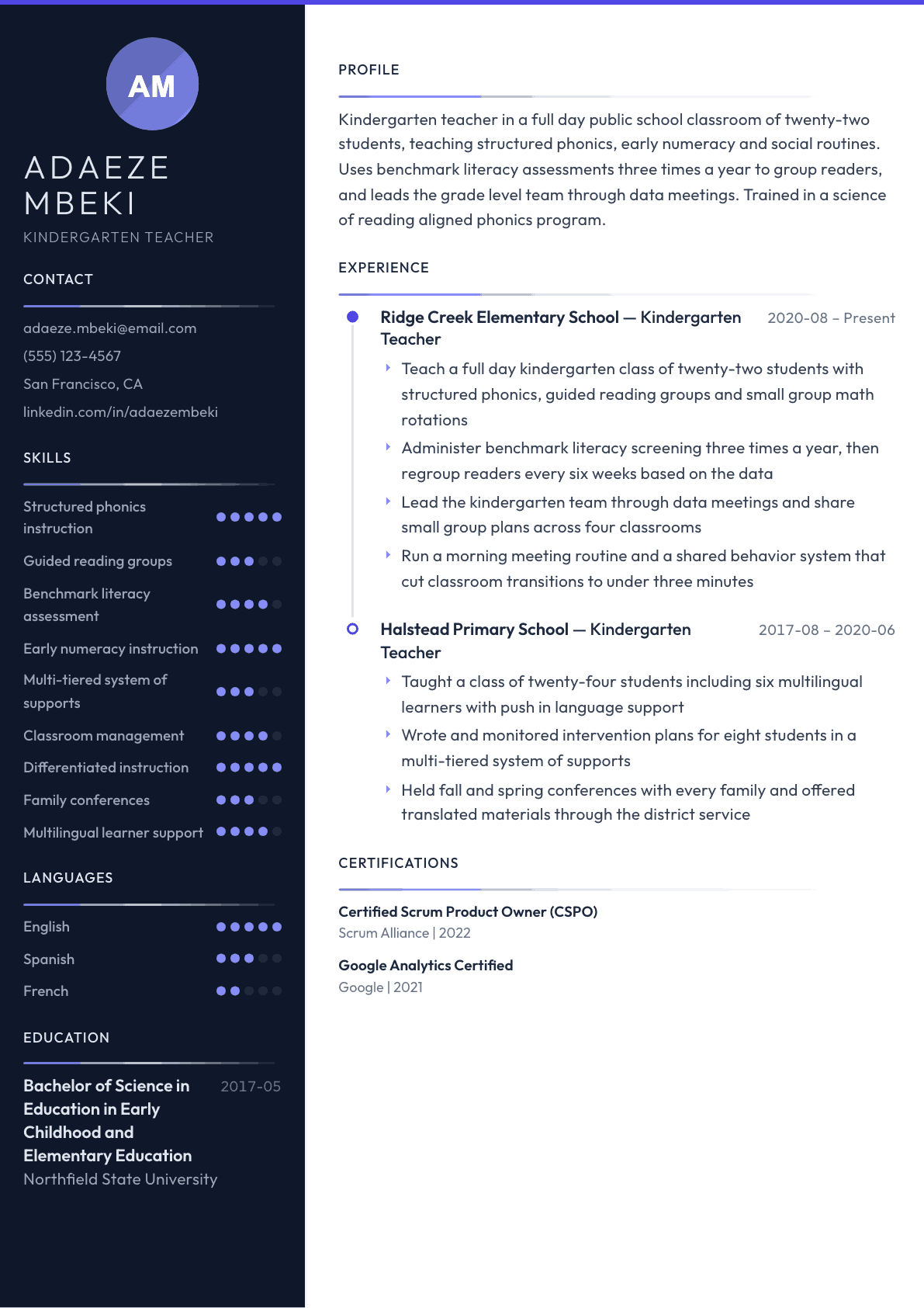 Kindergarten Teacher resume example, Zenith template
