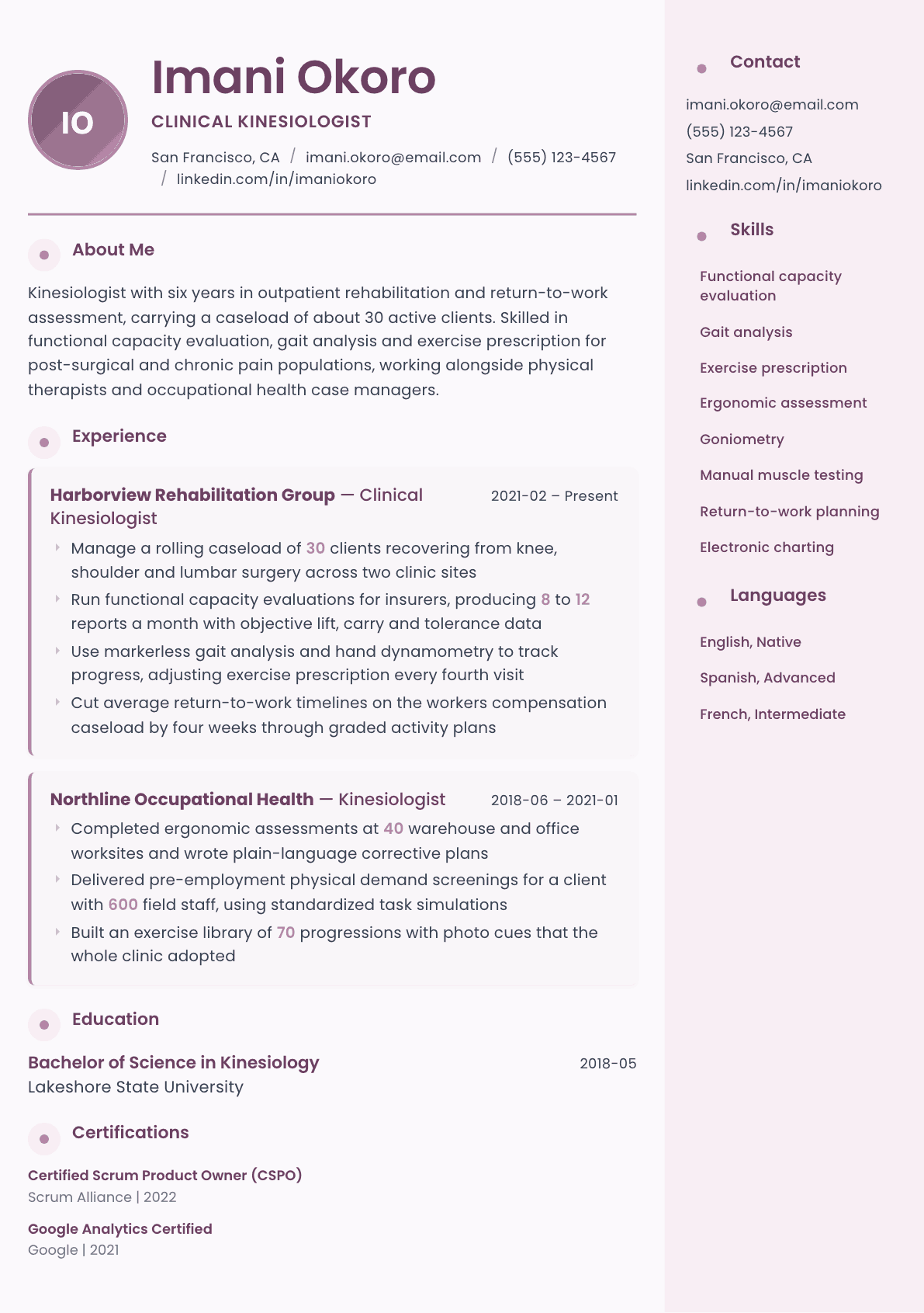 Kinesiologist resume example, Bloom template