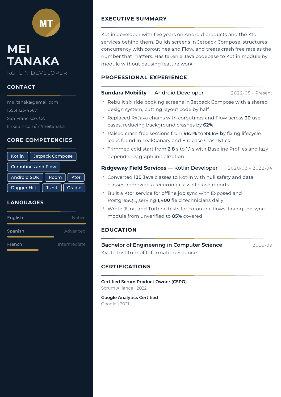 Kotlin Developer resume example, Catalyst template
