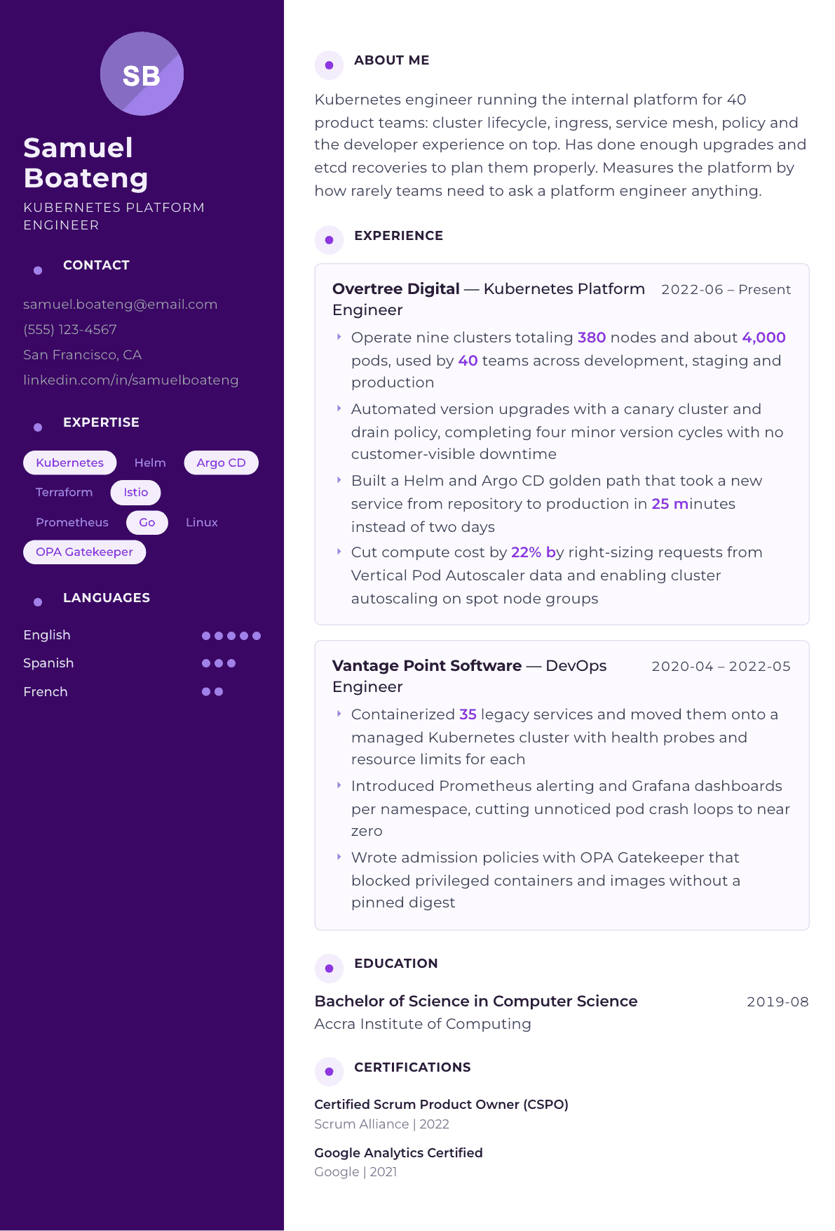 Kubernetes Engineer resume example, Palette template