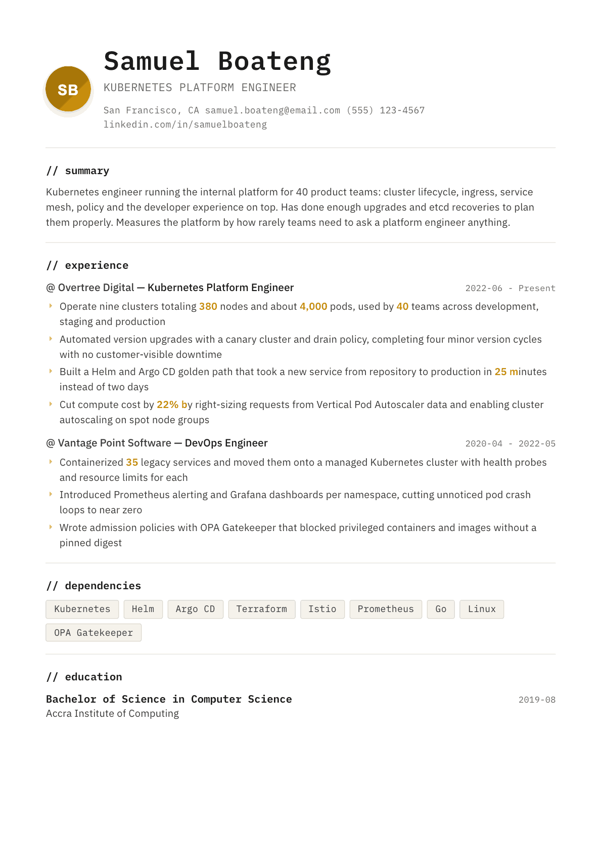 Kubernetes Engineer resume example, Terminal template