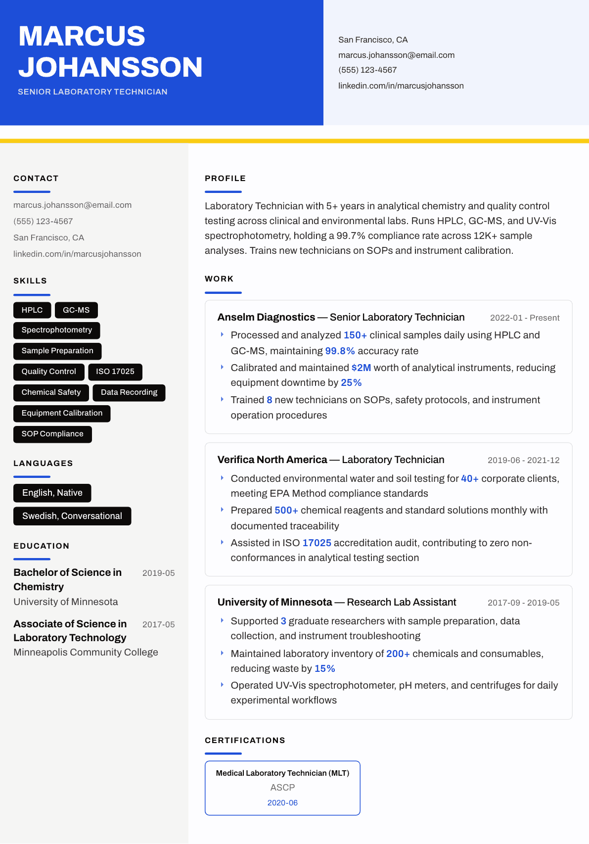 Lab Technician resume example, Kontrast template