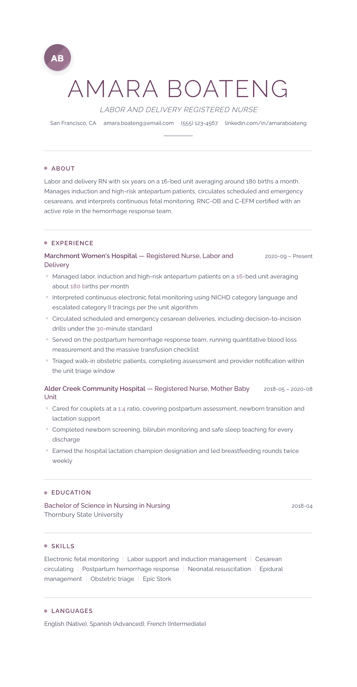 Labor and Delivery Nurse resume example, Serenity template