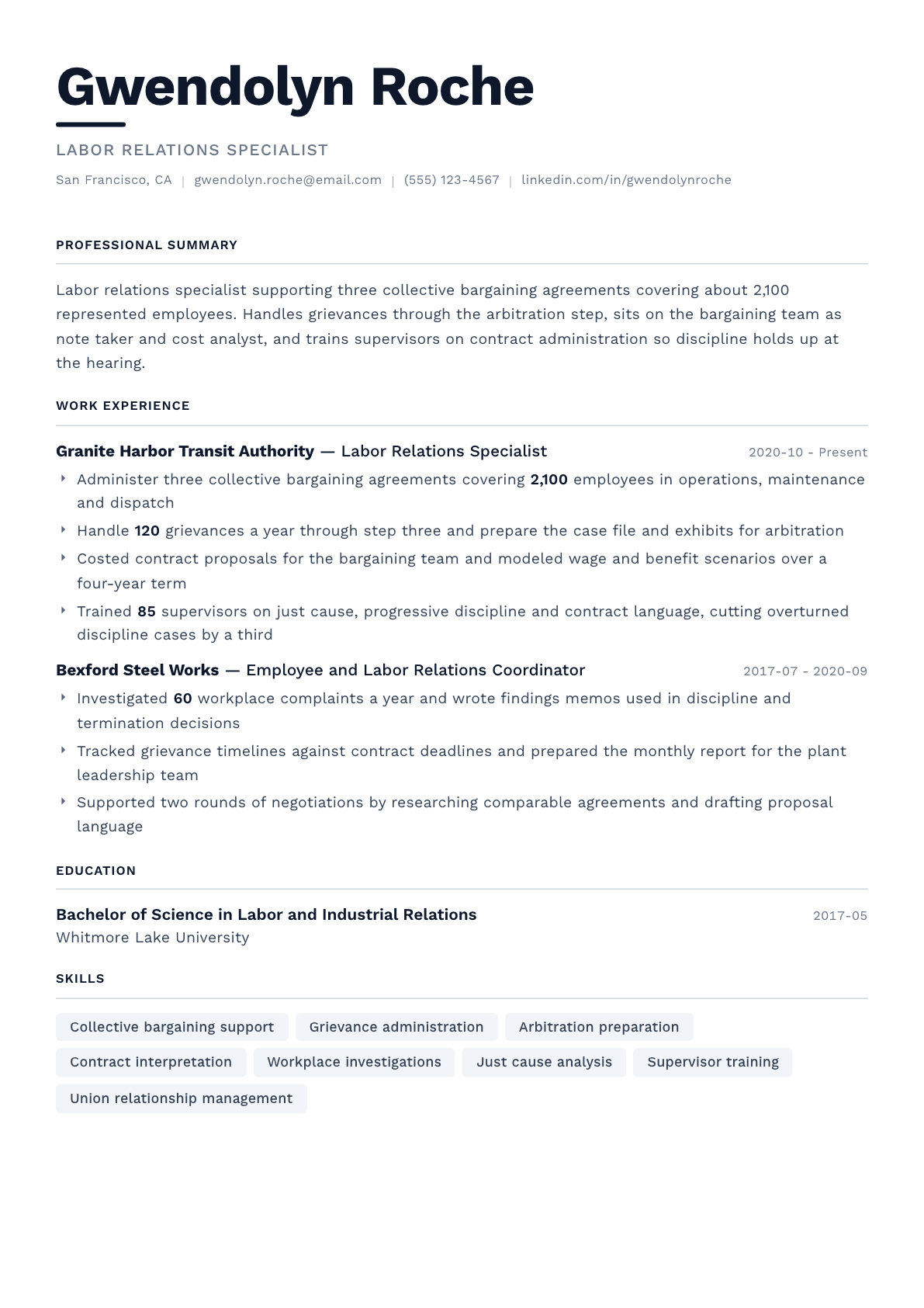 Labor Relations Specialist resume example, Berlin template