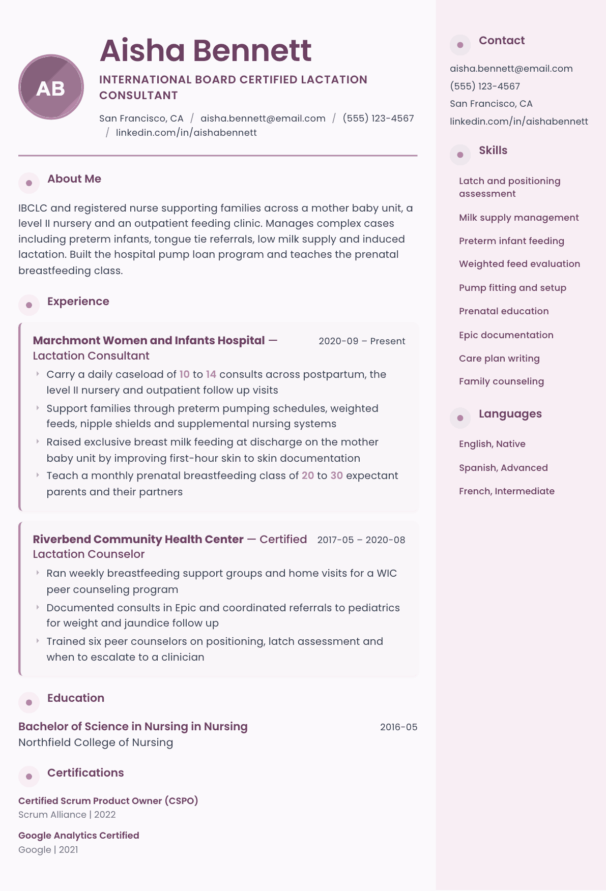 Lactation Consultant resume example, Bloom template