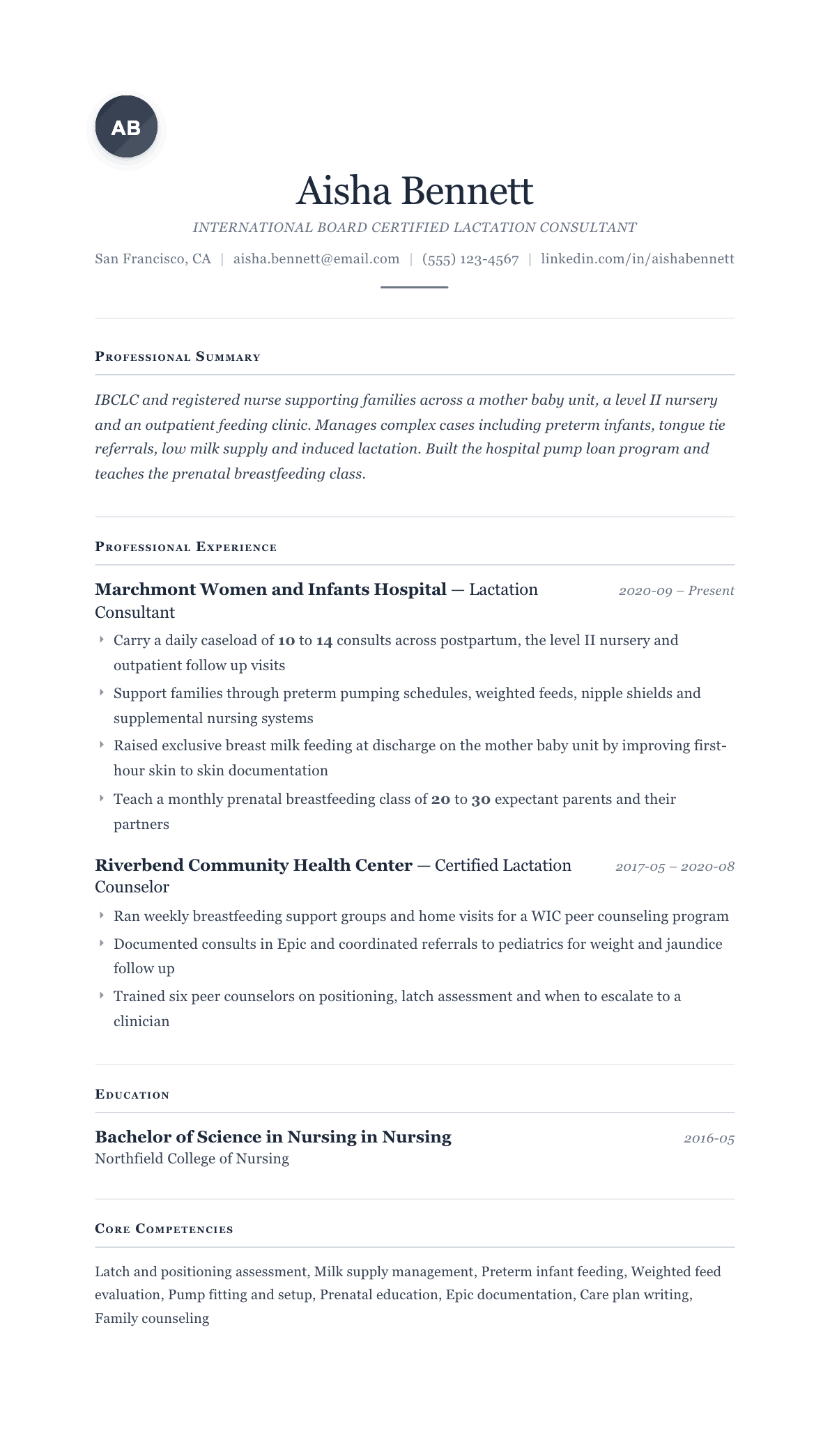 Lactation Consultant resume example, Cornerstone template