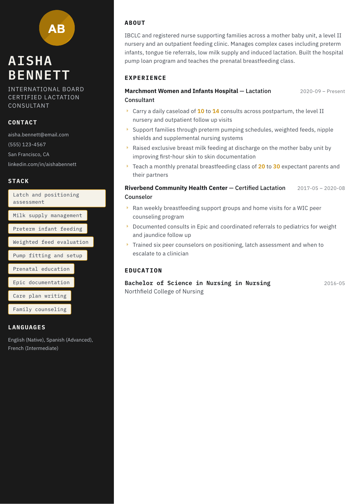 Lactation Consultant resume example, Neon template