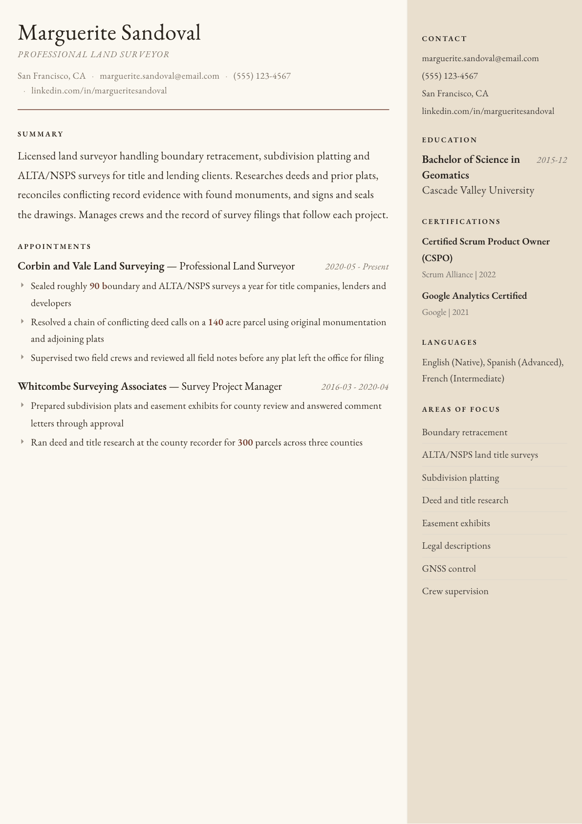 Land Surveyor resume example, Manuscript template