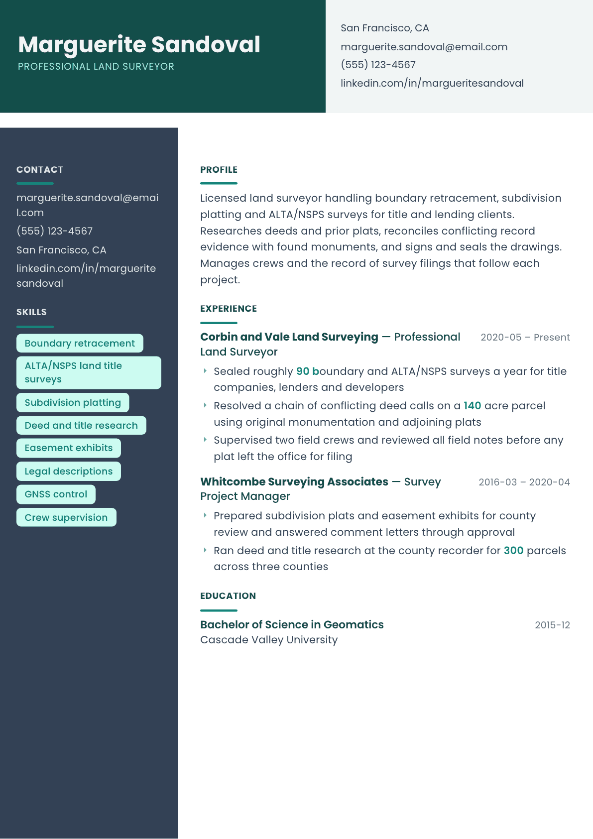 Land Surveyor resume example, Spectrum template