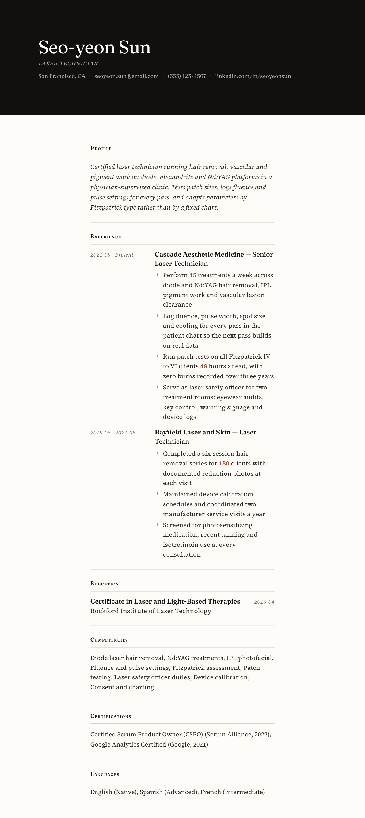 Laser Technician resume example, Broadsheet template