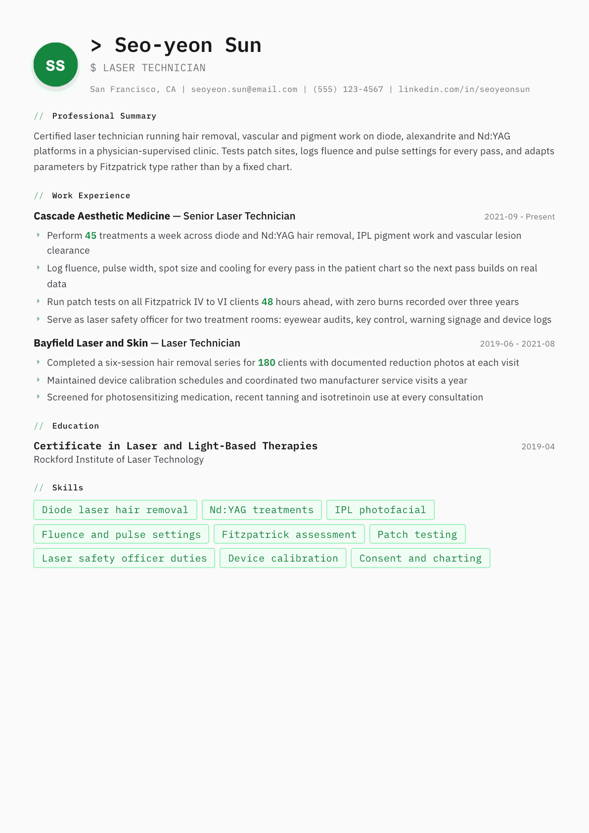 Laser Technician resume example, Amsterdam template