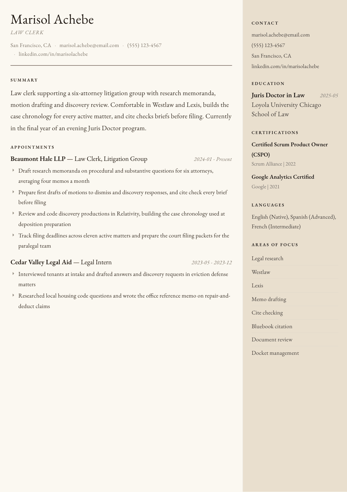 Law Clerk resume example, Manuscript template