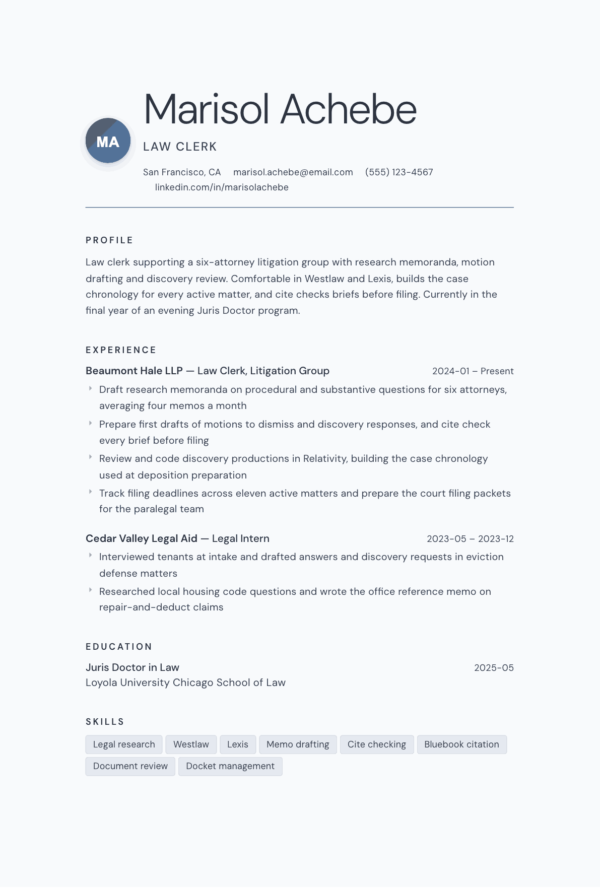 Law Clerk resume example, Nordic template