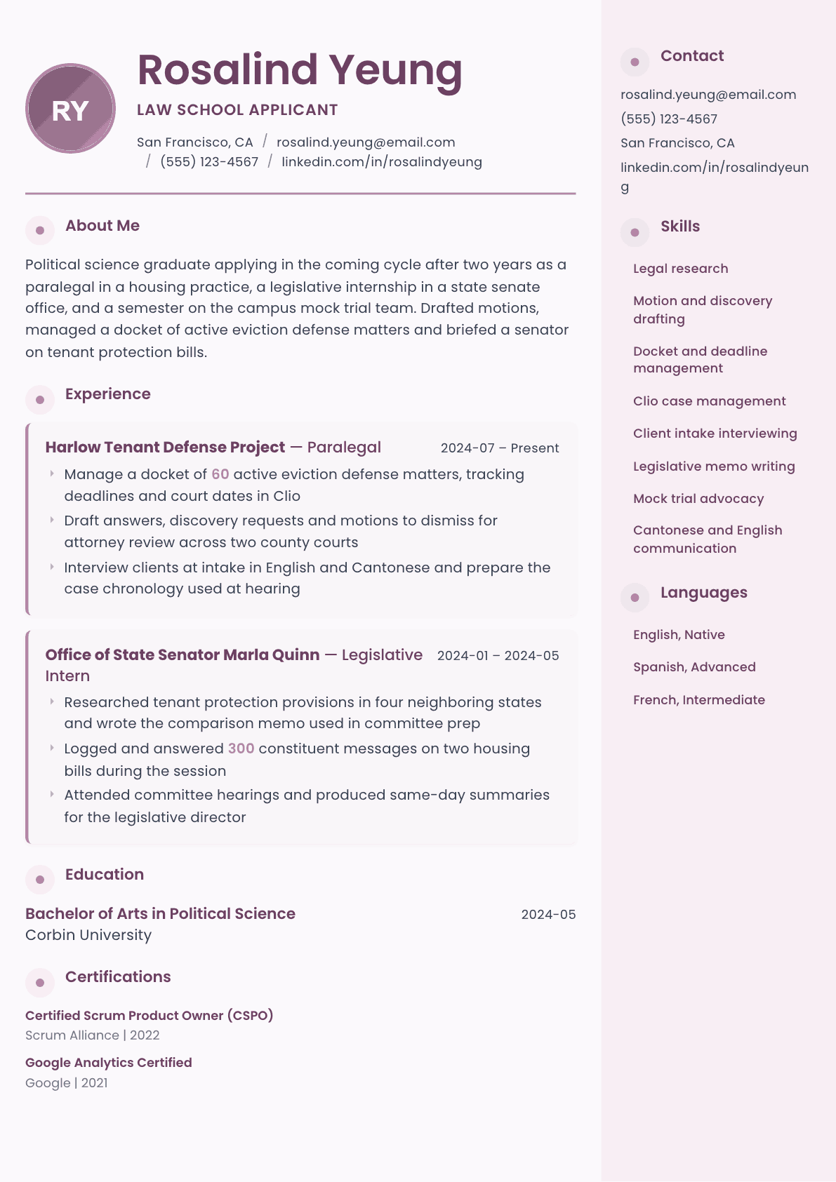 Law School Applicant resume example, Bloom template