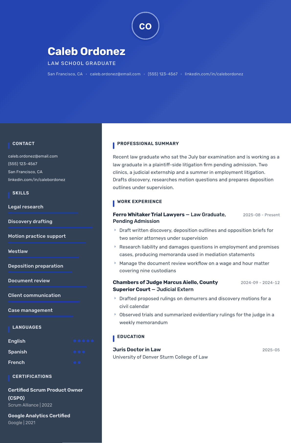 Law School Graduate resume example, Barcelona template