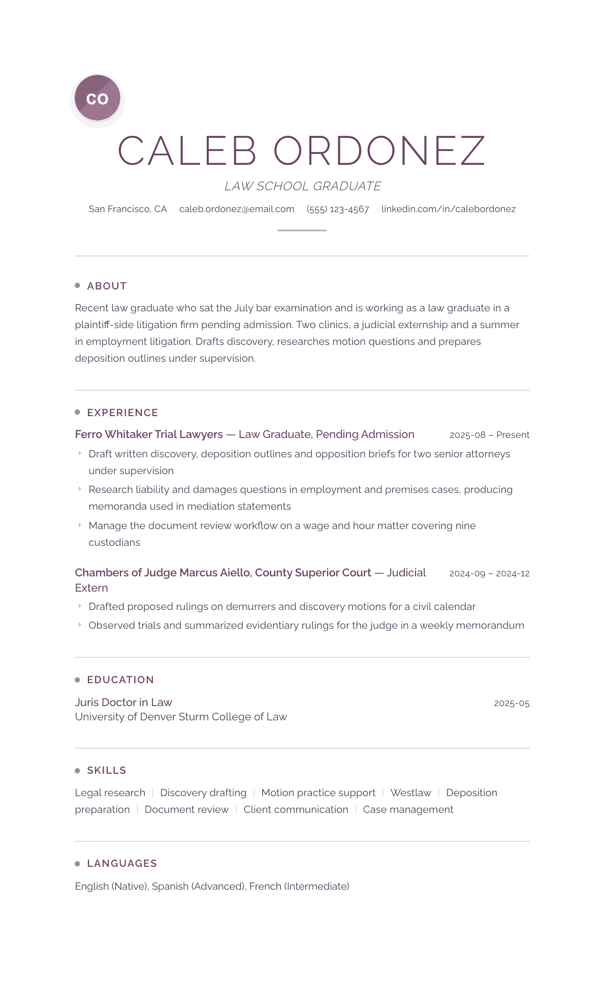 Law School Graduate resume example, Serenity template