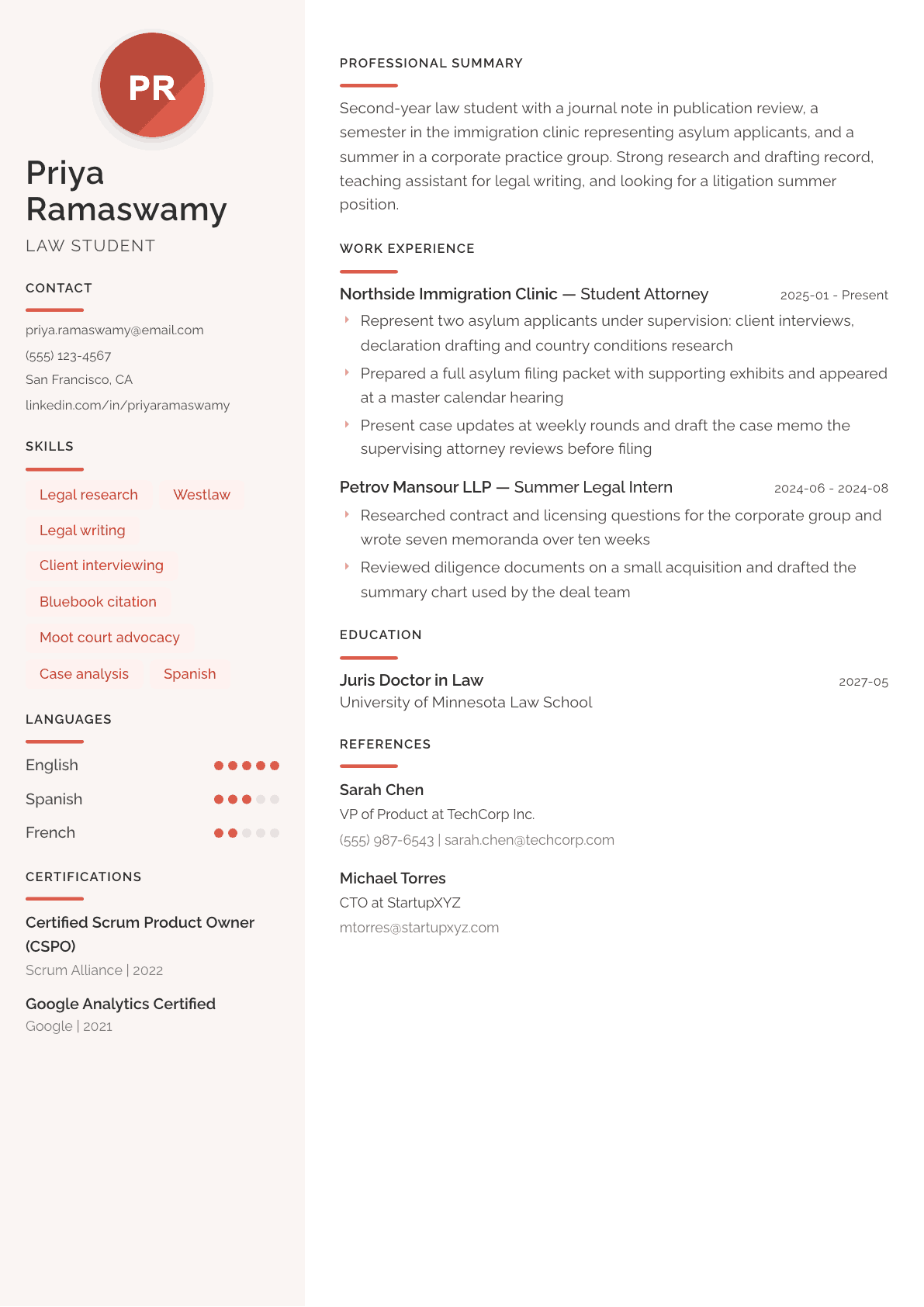 Law Student resume example, Milano template