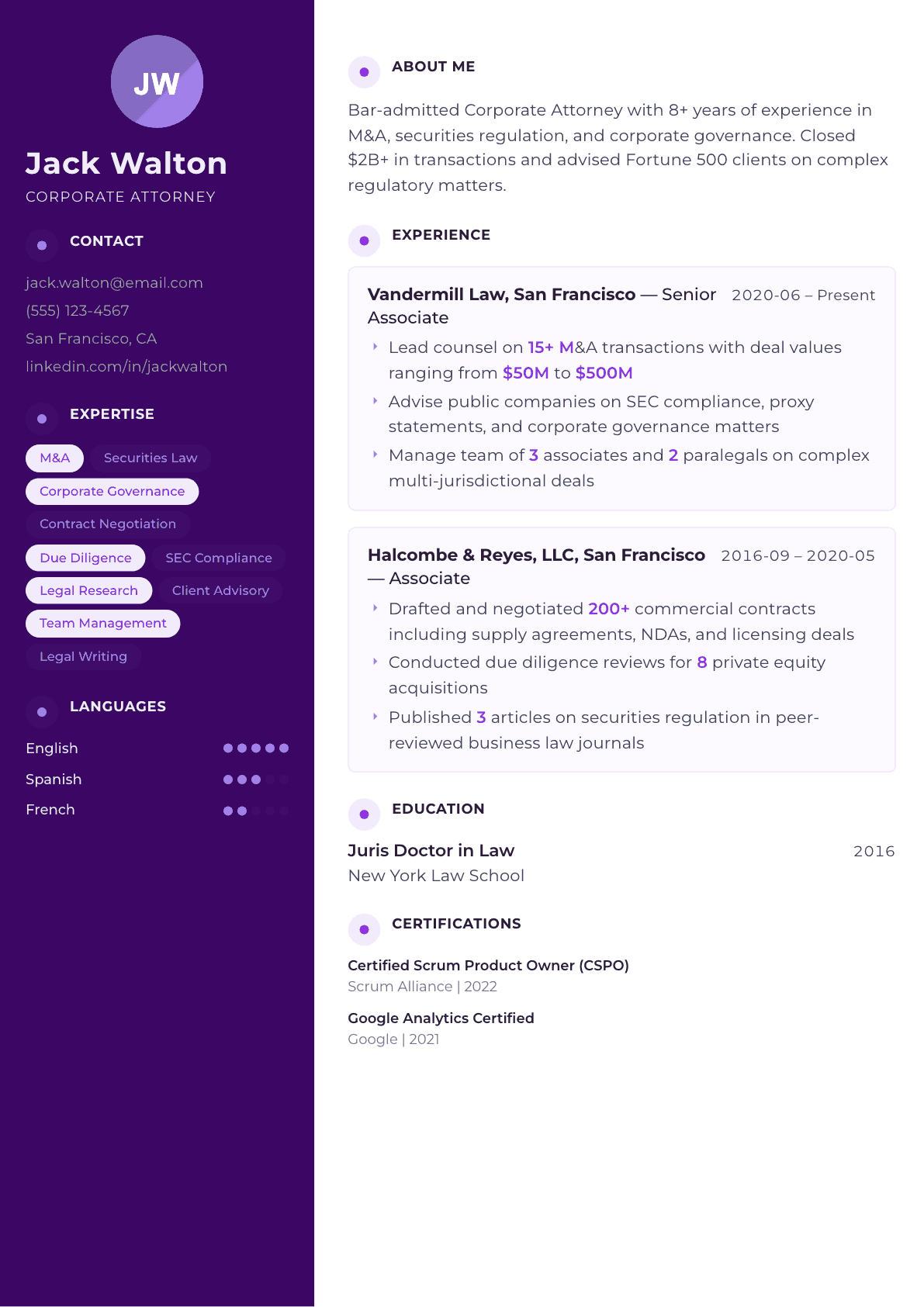 Lawyer resume example, Palette template